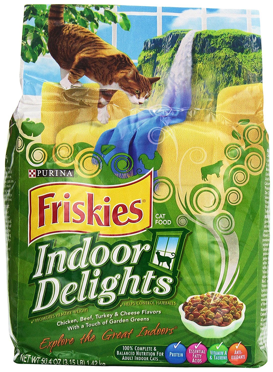 Photo 1 of **p;ack4**Friskies Dry Cat Food, Indoor Delights, Flavors of Chicken, Salmon, Cheese and Garden Greens, 3.15 Lb Bag