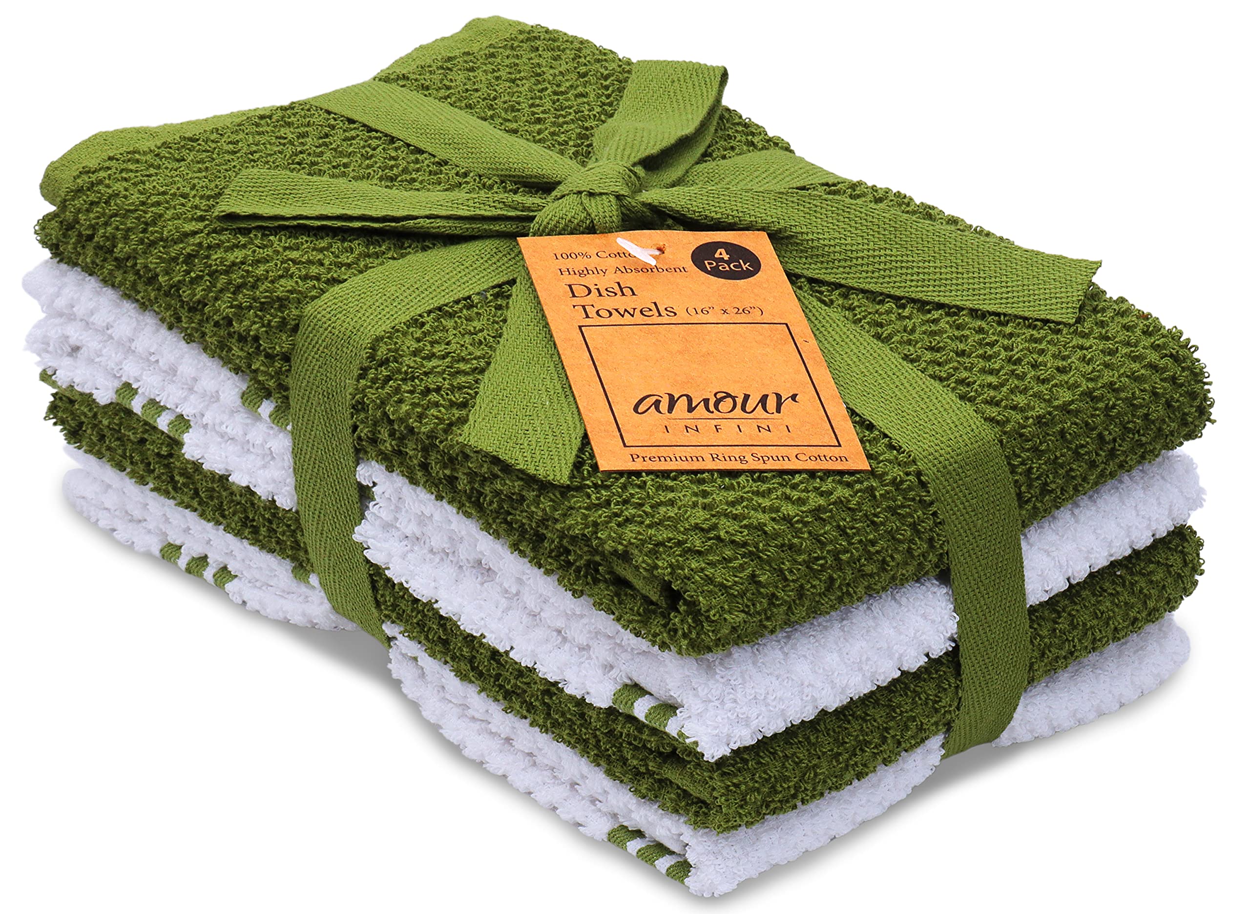 AMOUR INFINI Cotton Tea Towel Kitchen Dish Towels Set of 4, 40 x 65 cm Super Soft & Absorbent Kitchen Towels 100% Terry Dish Towels for Washing Up Perfect for Household & Commercial Uses | Green