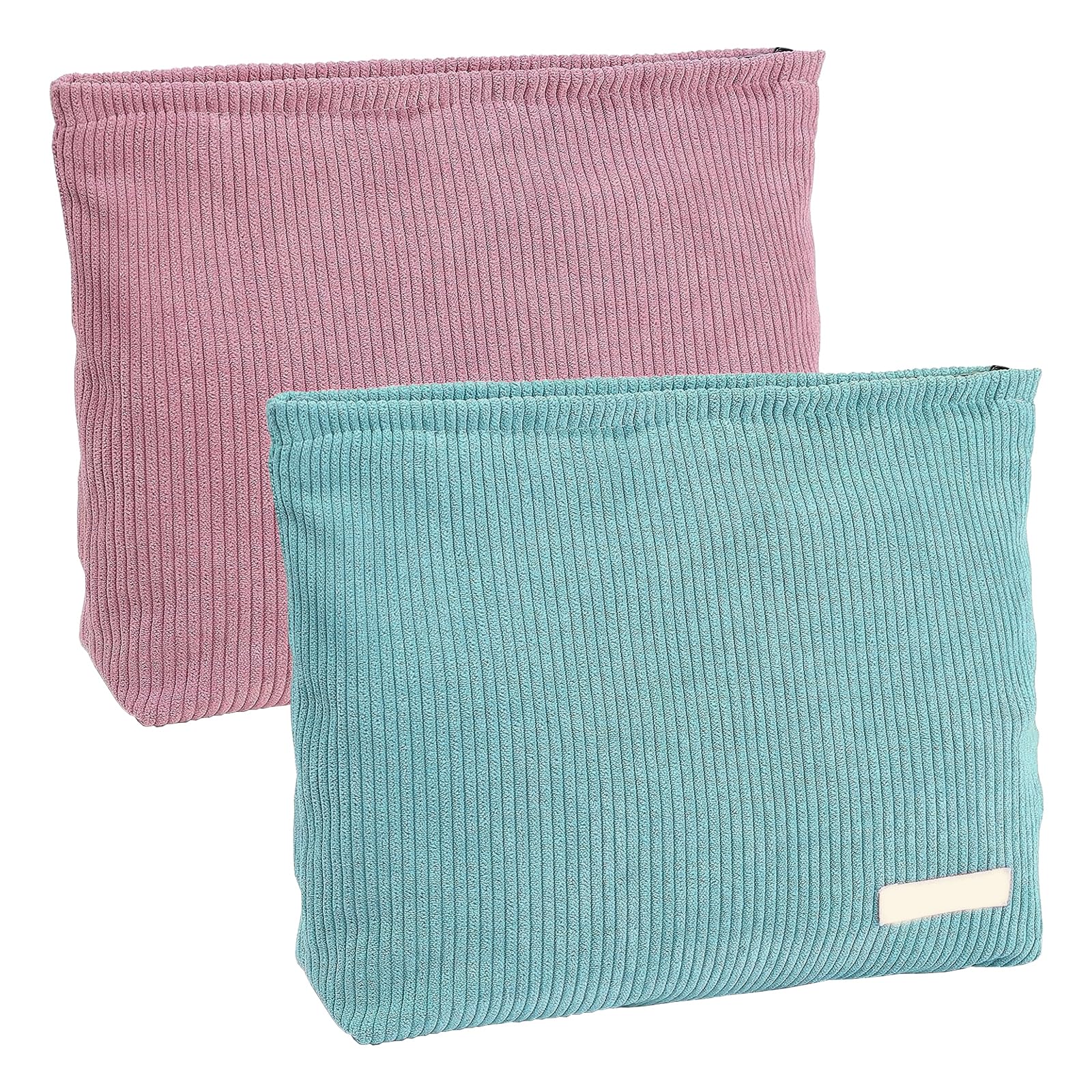 UZSUZZ 2-Piece Corduroy Cosmetic Bag with Zipper - Travel Makeup Organizer for Women and Girls (Pink/Blue)