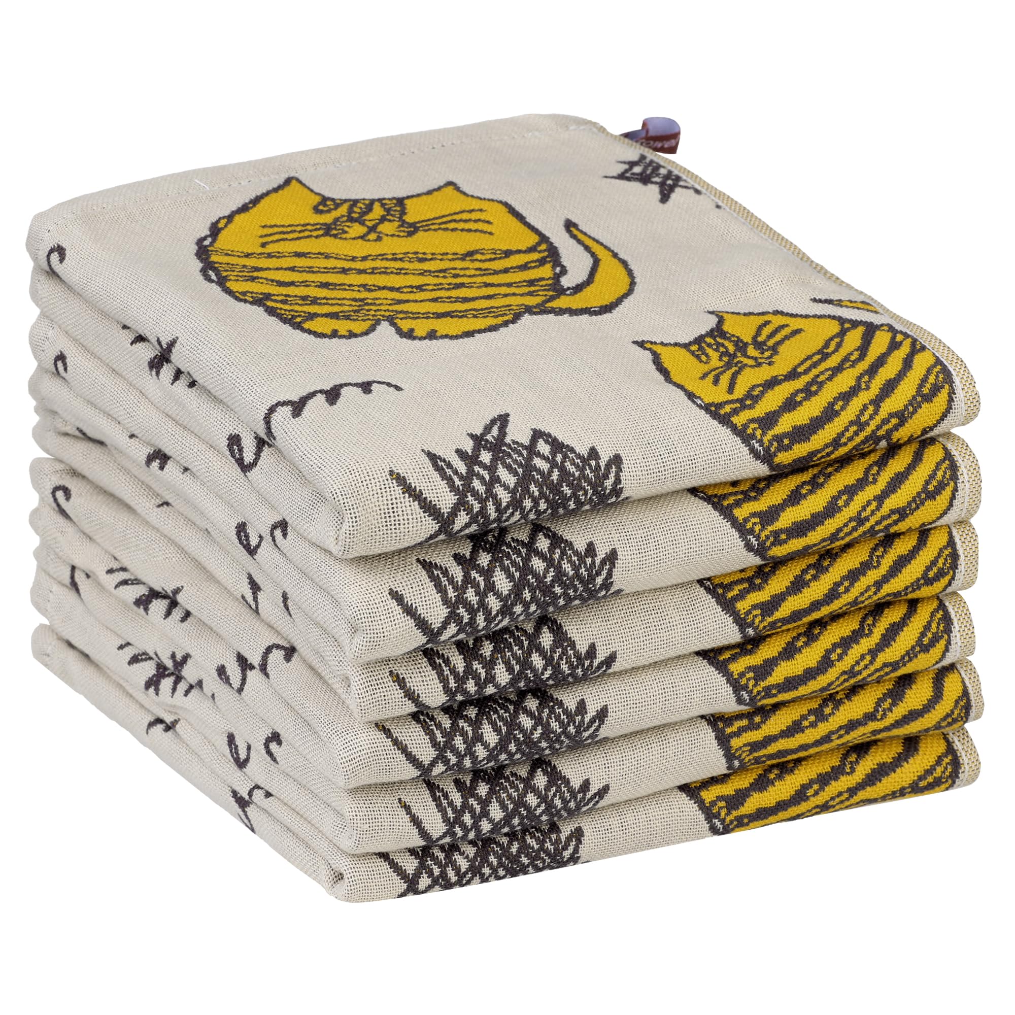 Uxcell Cat Kitchen Towels Pack of 6, 100% Cotton Tea Towels, Cute Animals Dish Cloths Yellow 34cm x 40cm