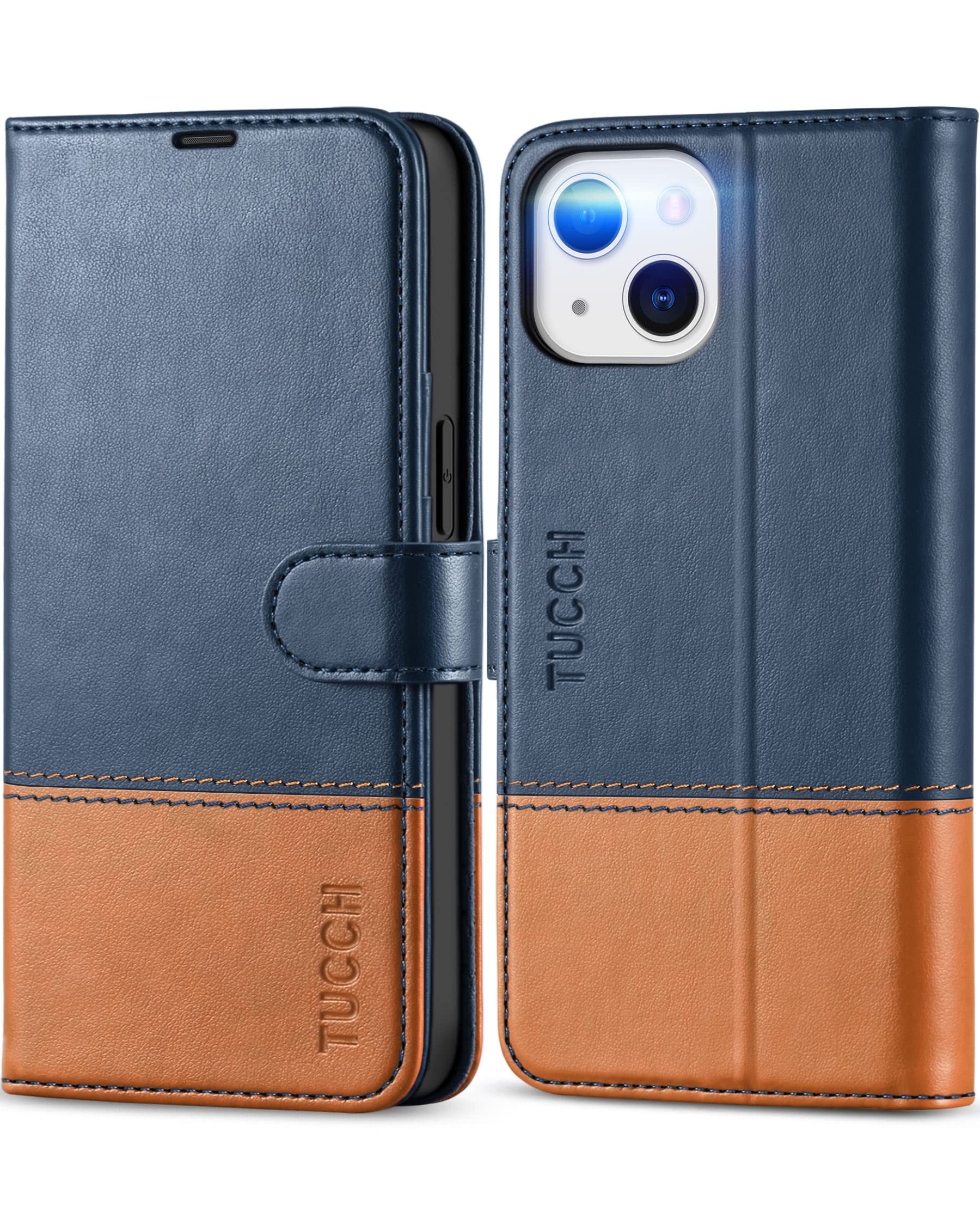 TUCCH Case for iPhone 13 (6.1") 2021 5G, PU Leather Wallet Magnetic Protective Flip Folio Stand Cover with [RFID Blocking] Credit Card Holders[Shockproof TPU] Compatible with iPhone 13, Blue&Brown — image 1
