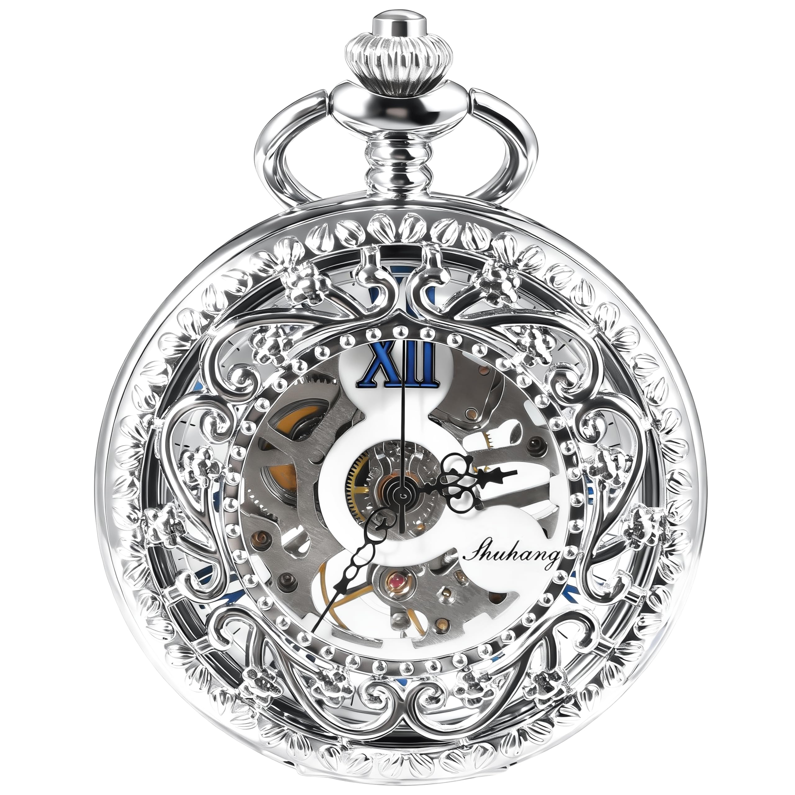 TREEWETO Hollow Mechanical Pocket Watch Silver Flower Vine Skeleton Roman Numerals