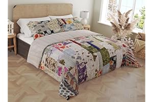 Marubhumi Blankets Handmade Cotton Quilts Kantha Blanket Indian Silk Sari Patchwork Quilts, White - King 108 x 108 with Pillow Cover