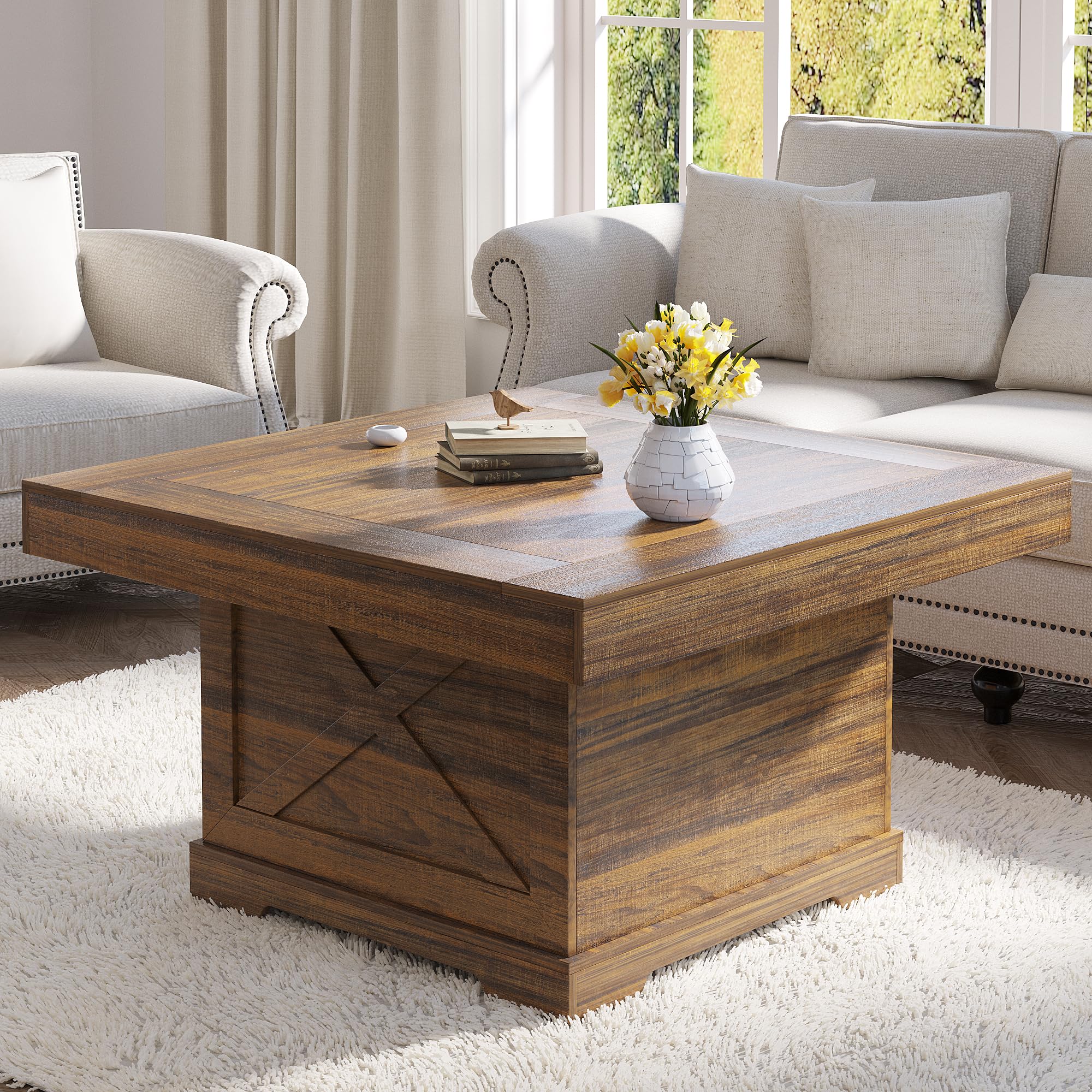 Photo 1 of Lareth Coffee Table for Living Room Square Farmhouse Style Center Table 31.5 inch Wooden Rustic Cocktail Table, Easy Assembly Home Office Accent Coffee Table, Walnut