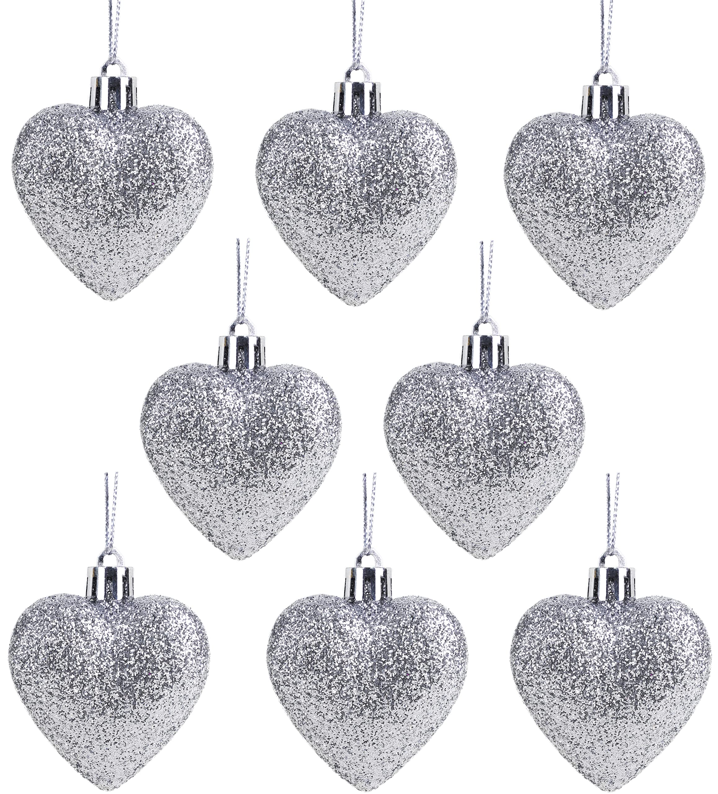 Christmas Concepts® Pack of 8-60mm (2.4") Heart Shaped Christmas Tree Baubles – Glitter Decorated Baubles (Silver)