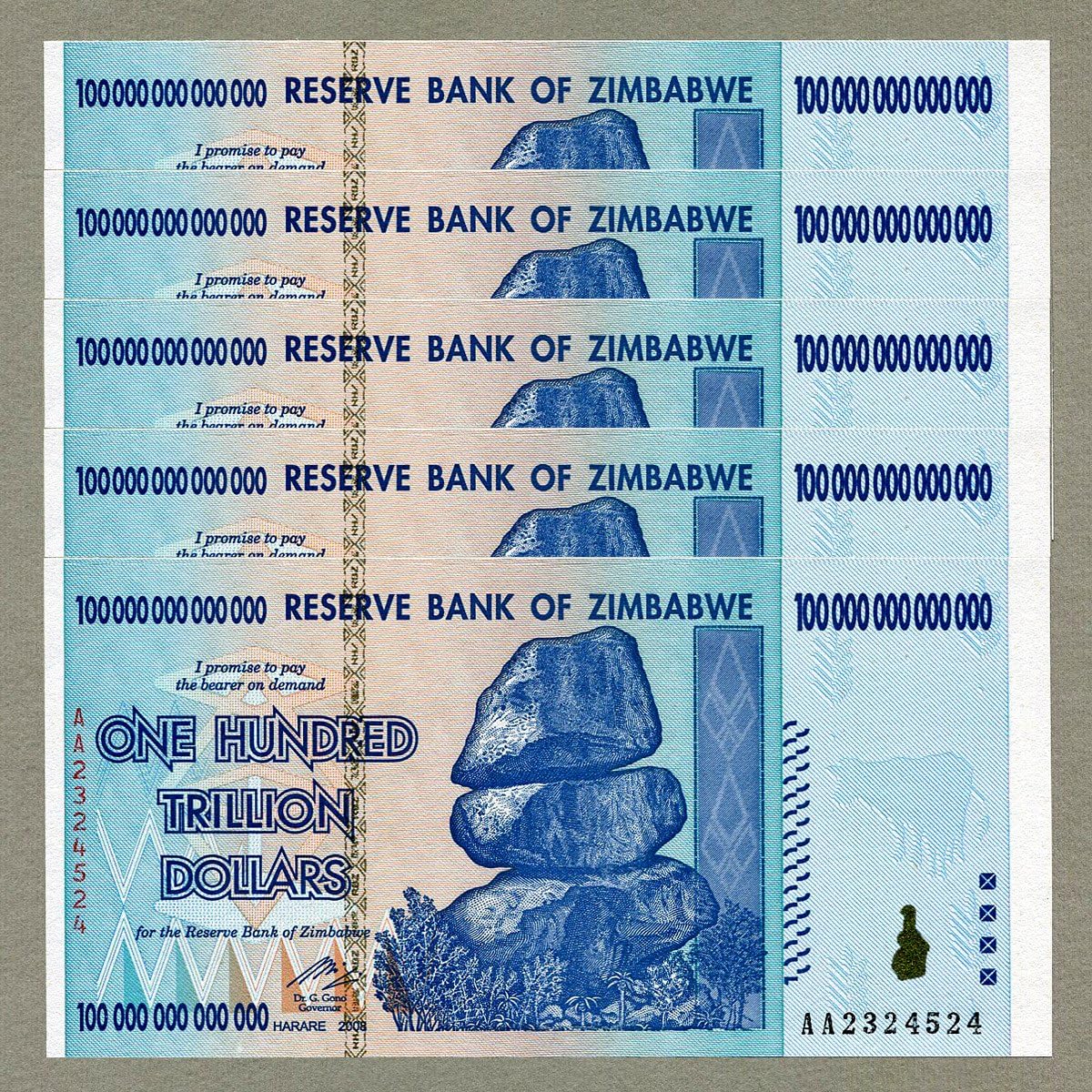 RBZ Collectibles 5 X Zimbabwe 100 Trillion Dollar Bills - Uncirculated, AA Prefix