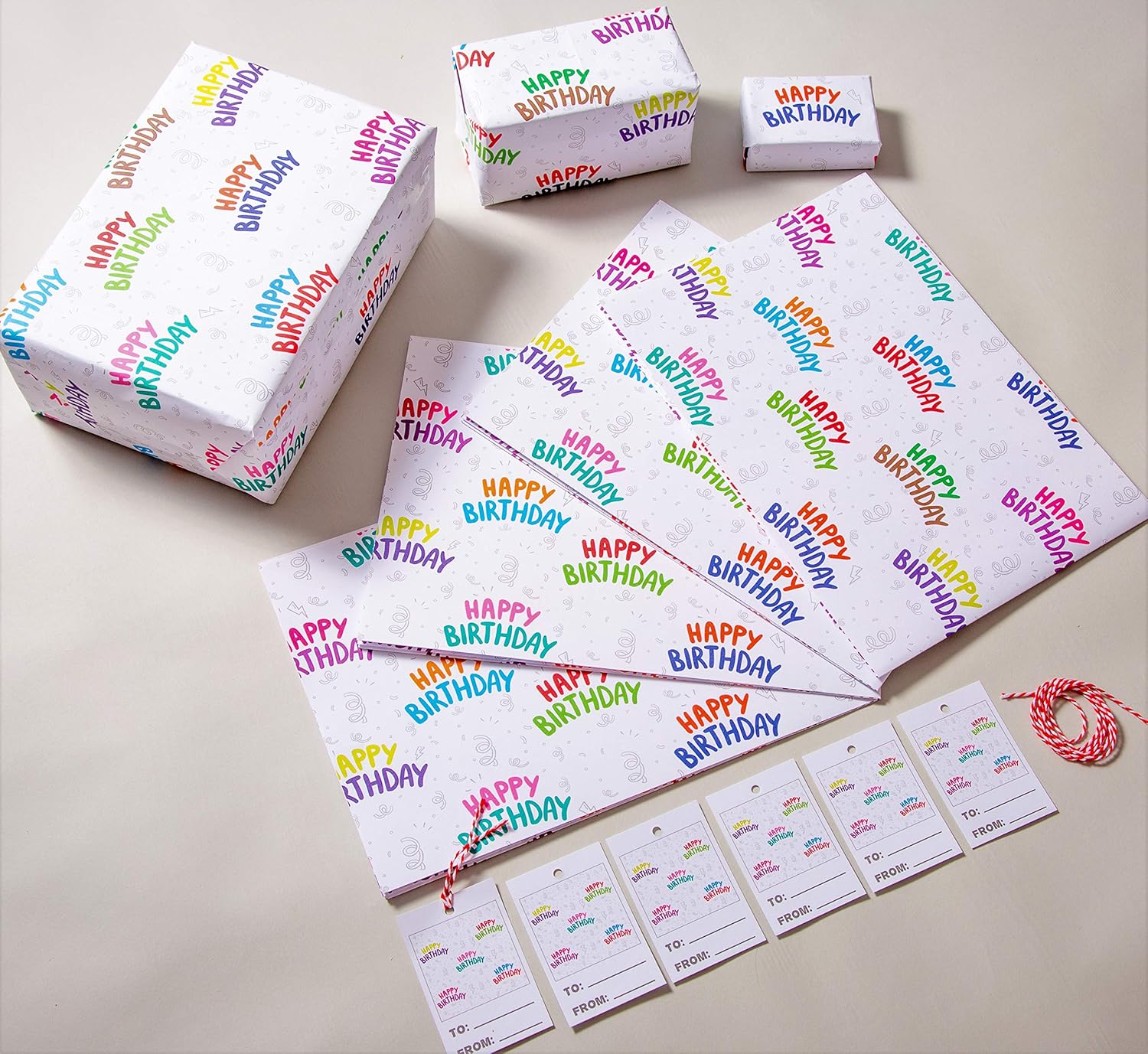 Happy Birthday Wrapping Paper with Matching Gift Tags and Twine, 4 Extra Large Fully Recyclable Sheets, 85 x 60 cm. Produced in The UK - Image 3