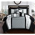 Chic Home Clayton 10 Piece Comforter Set Pintuck Pieced Block Embroidery Bed in a Bag with Sheet Set, King Black Grey