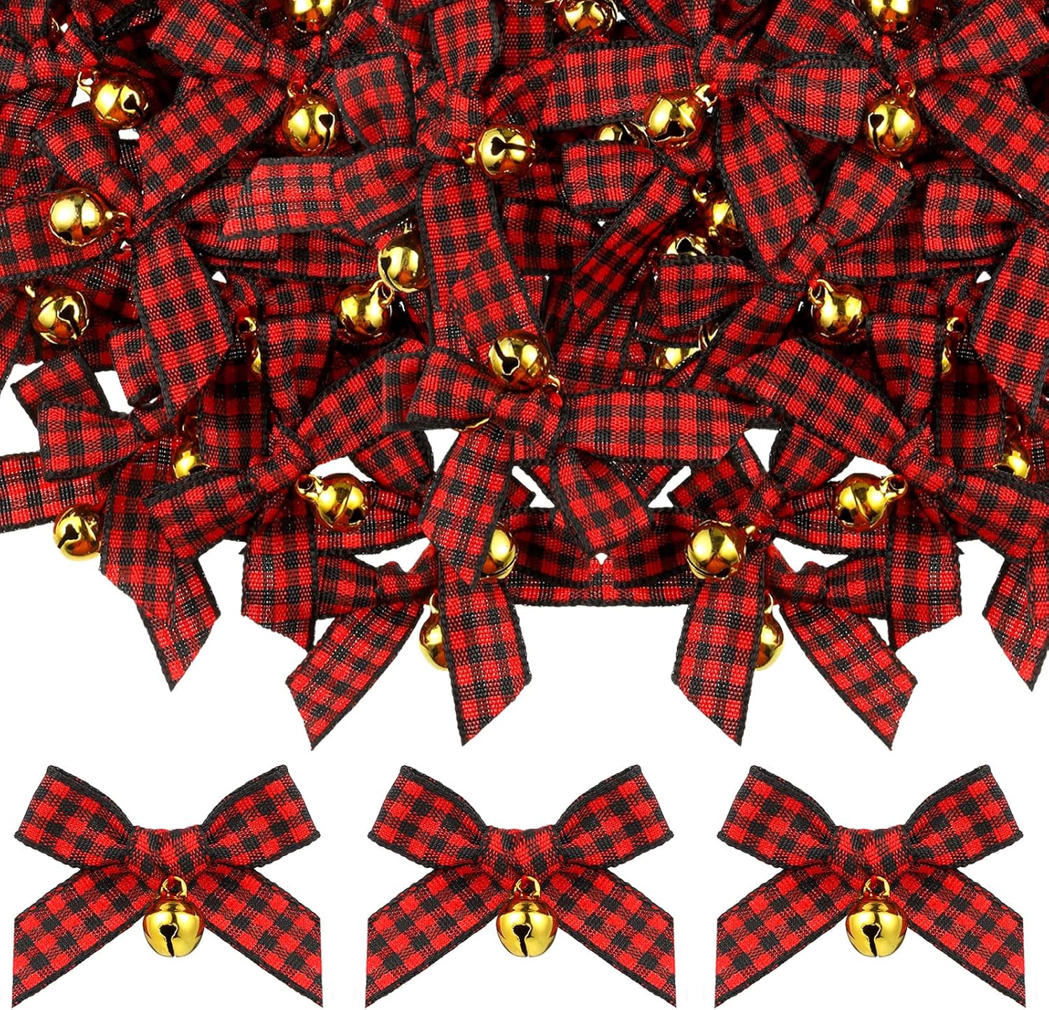 Bows & Ribbons - 50 Pieces Christmas Bow with Bell Mini Plaid Bows Buffalo Plaid Bow Gingham Bow Xmas Bells for Christmas Tree Crafts Home Decoration DIY Making Ornament (Red and Black)