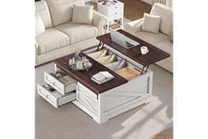 Itaar 39.4'' Lift Top Coffee Table with Storage, Farmhouse Coffee Tables for Living Room, Square Coffee Table with Large Hidden Compartment & 2 Drawers & Adjustable Shelves, White
