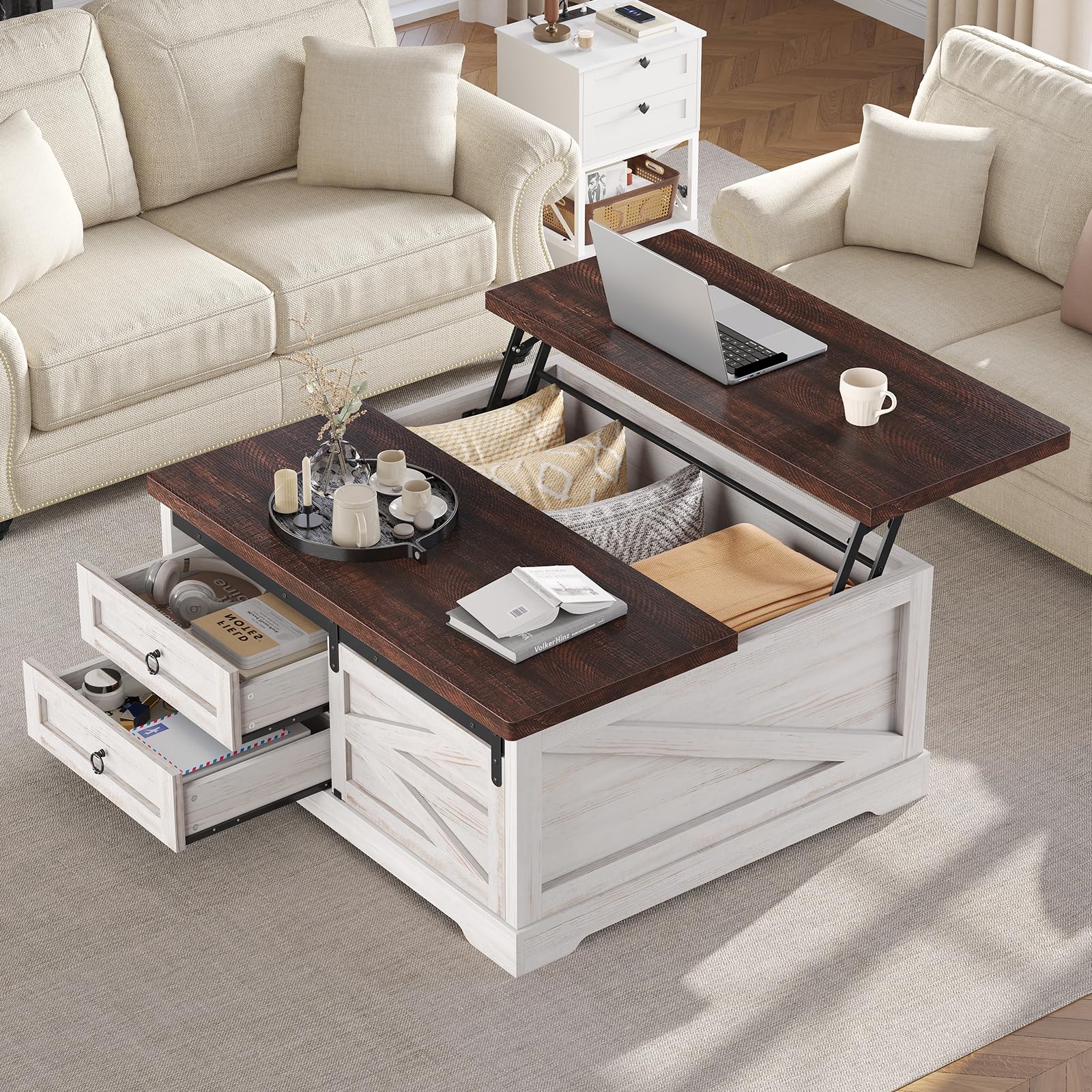 Photo 1 of  Lift Top Coffee Table with Storage, Farmhouse Coffee Tables for Living Room, Square Coffee Table with Large Hidden Compartment & 2 Drawers & Adjustable Shelves,