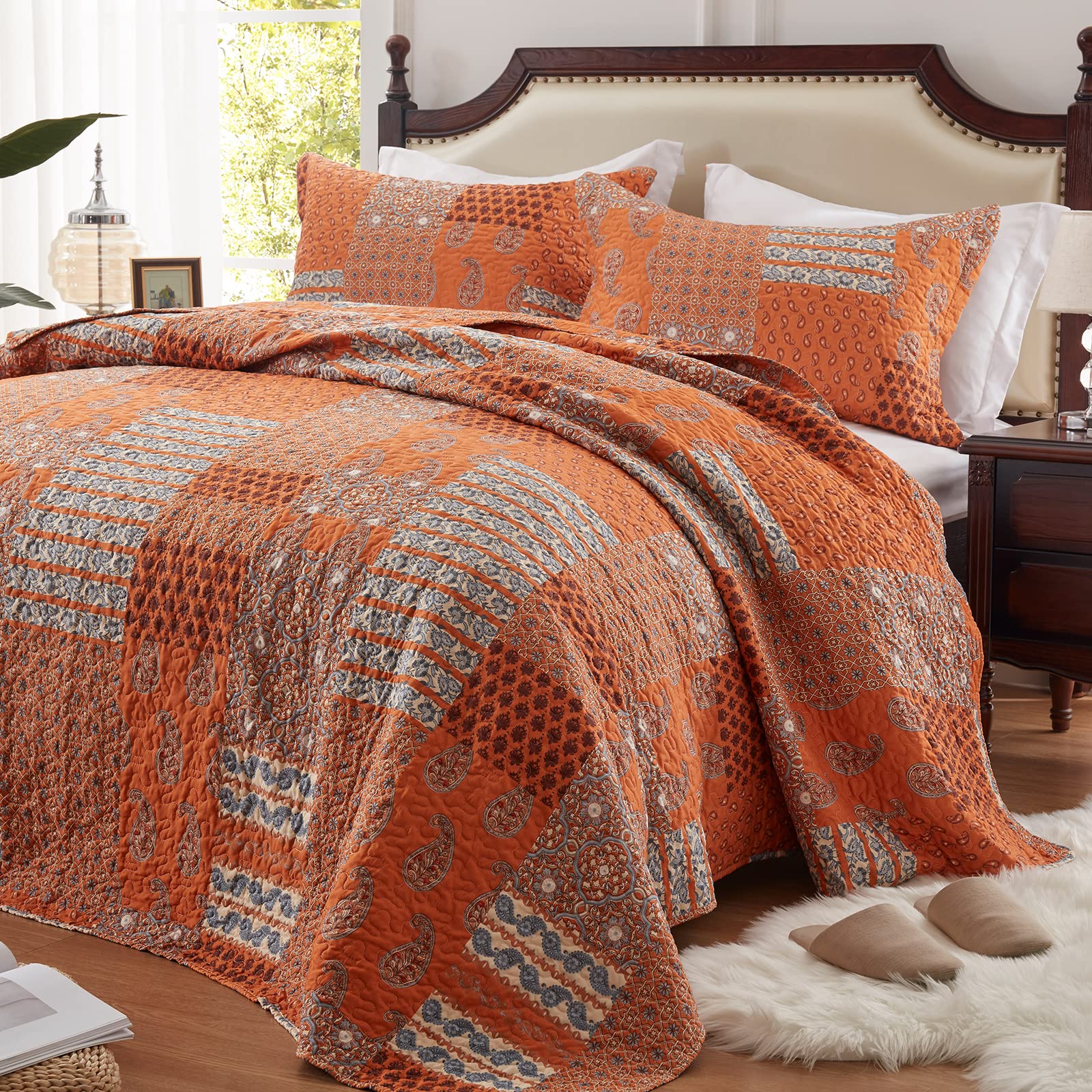 Photo 1 of LEAONME 3 Pieces California King Size Quilt Set Burnt Orange Rust Oversized 120x120 Inch Bedspread Coverlet Lightweight Microfiber Paisley Bed Cover for All Seasons (1 Quilt, 2 Pillow Shams)