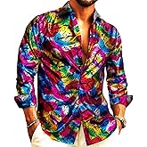 Barry.Wang Men's Disco Dress Shirt Long Sleeve Nightclub Mexico Paisley Floral Shirts Metallic Gothic Shiny Button Down Shirt