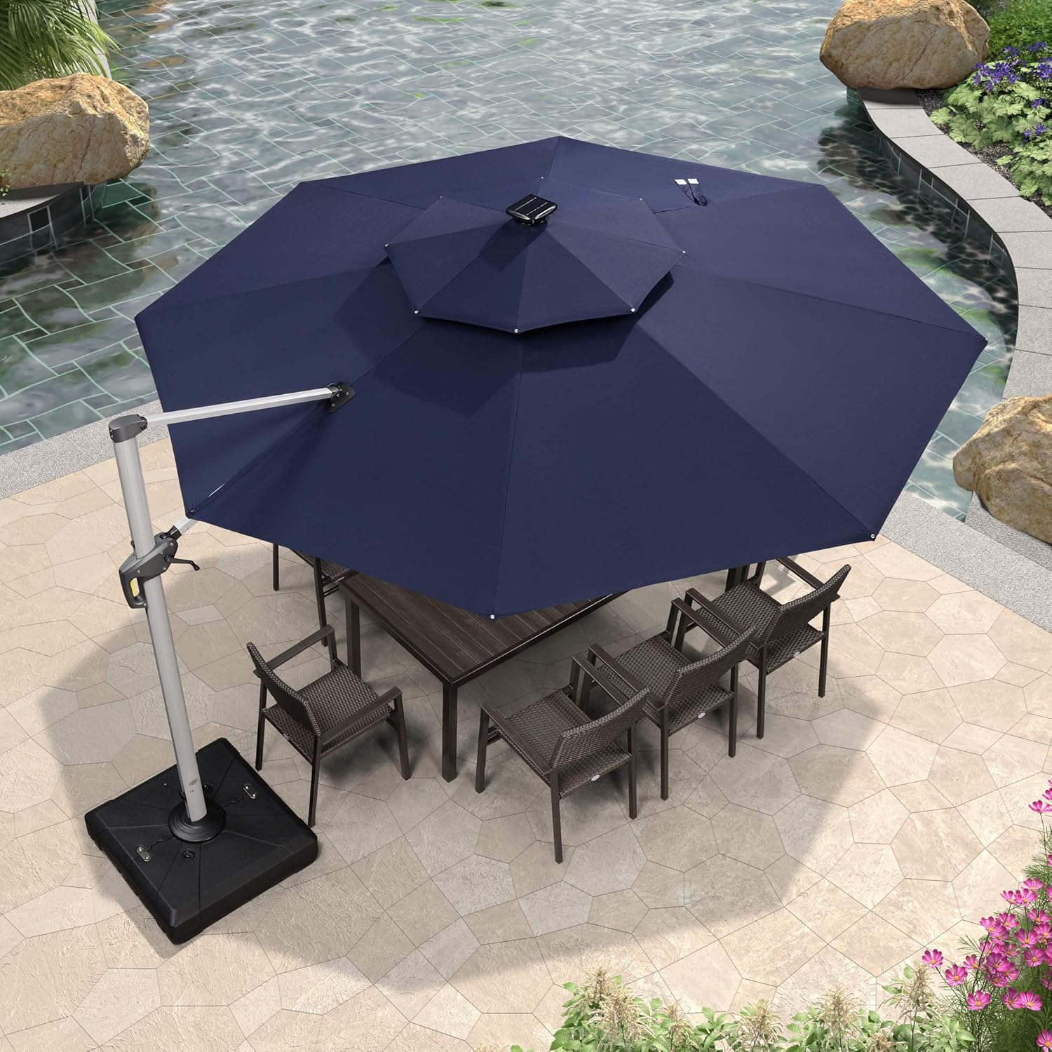 Amazon Com Purple Leaf 12ft Solar Powered Led Patio Umbrella Outdoor Round Umbrella Large Cantilever Umbrella With Led Lights Windproof Offset Umbrella Sun Umbrella For Garden Deck Pool Patio Navy Blue