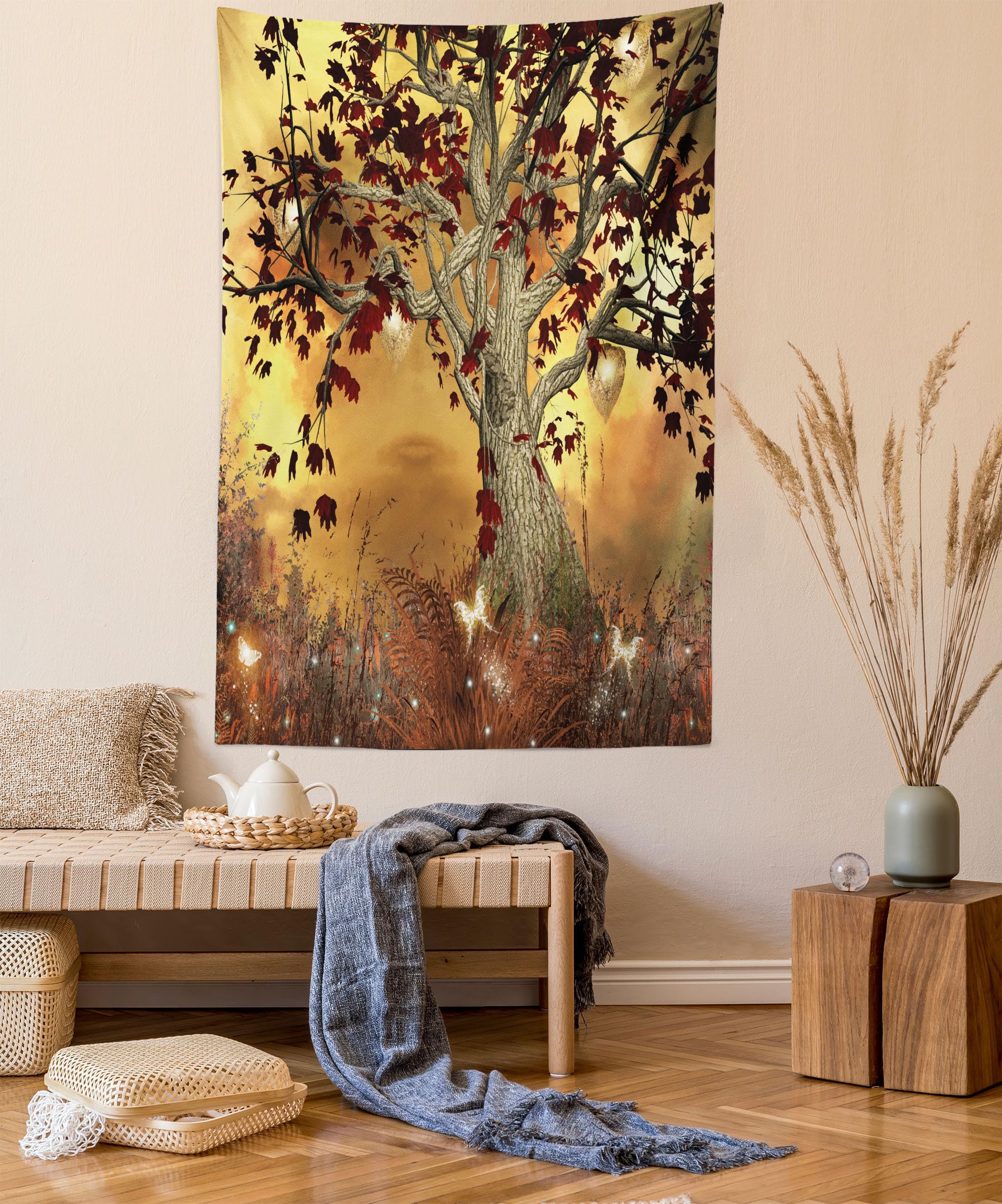 ABAKUHAUS Tree Tapestry, Lonely Tree Themed Composition with Ornamentation in Earthy Color Tones, Fabric Wall Hanging Decor for Bedroom Living Room Dorm, 54 W X 90 L, Amber