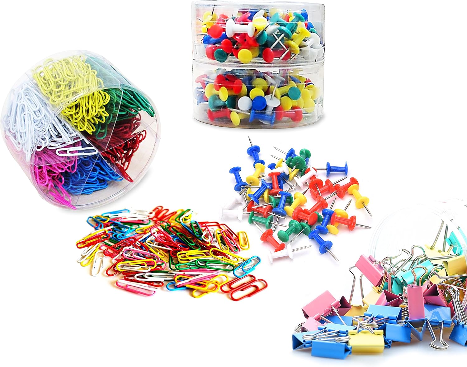 Pins & Tacks All In One Combo Office Supplies Set- 600 Paper Clips, 200 Push Pins, 40 Binder Clips. Great Teachers Pack! By Mega Stationers