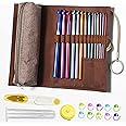 YOJOB Roll-Up Crochet Hook Case With 14 Slots & Detachable Zipper Bag – Beige-Orange, Compact Organizer For Aluminum Hooks