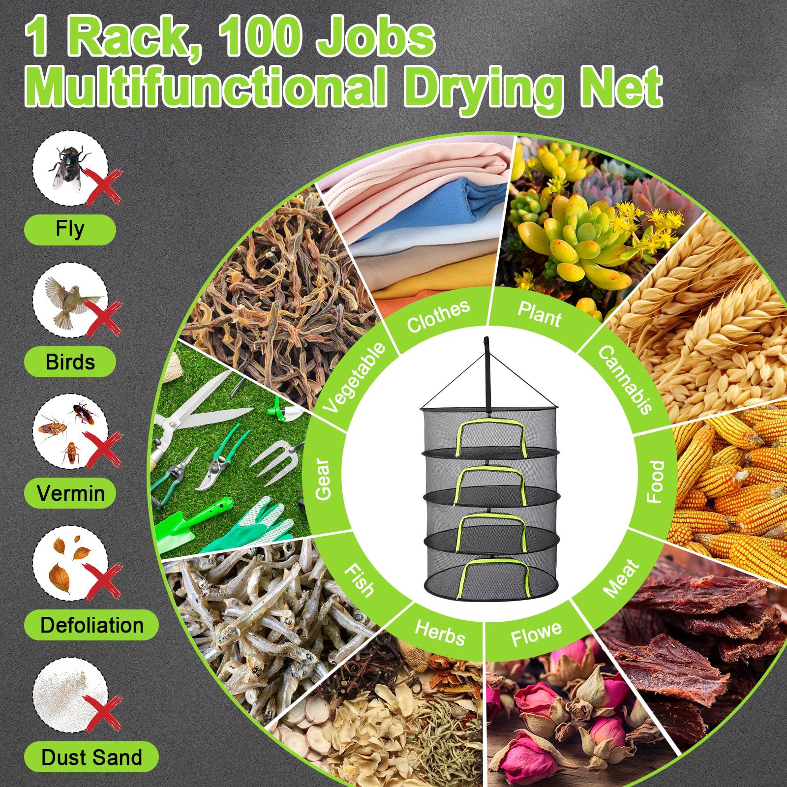 LUKETURE 4-Layer Hanging Herb Dryer Rack - with U-Zipper Mesh Net & Hook, Foldable Collapsible Drying Rack for Plants, Herbs, Flowers, Fish, Jerky, Laundry