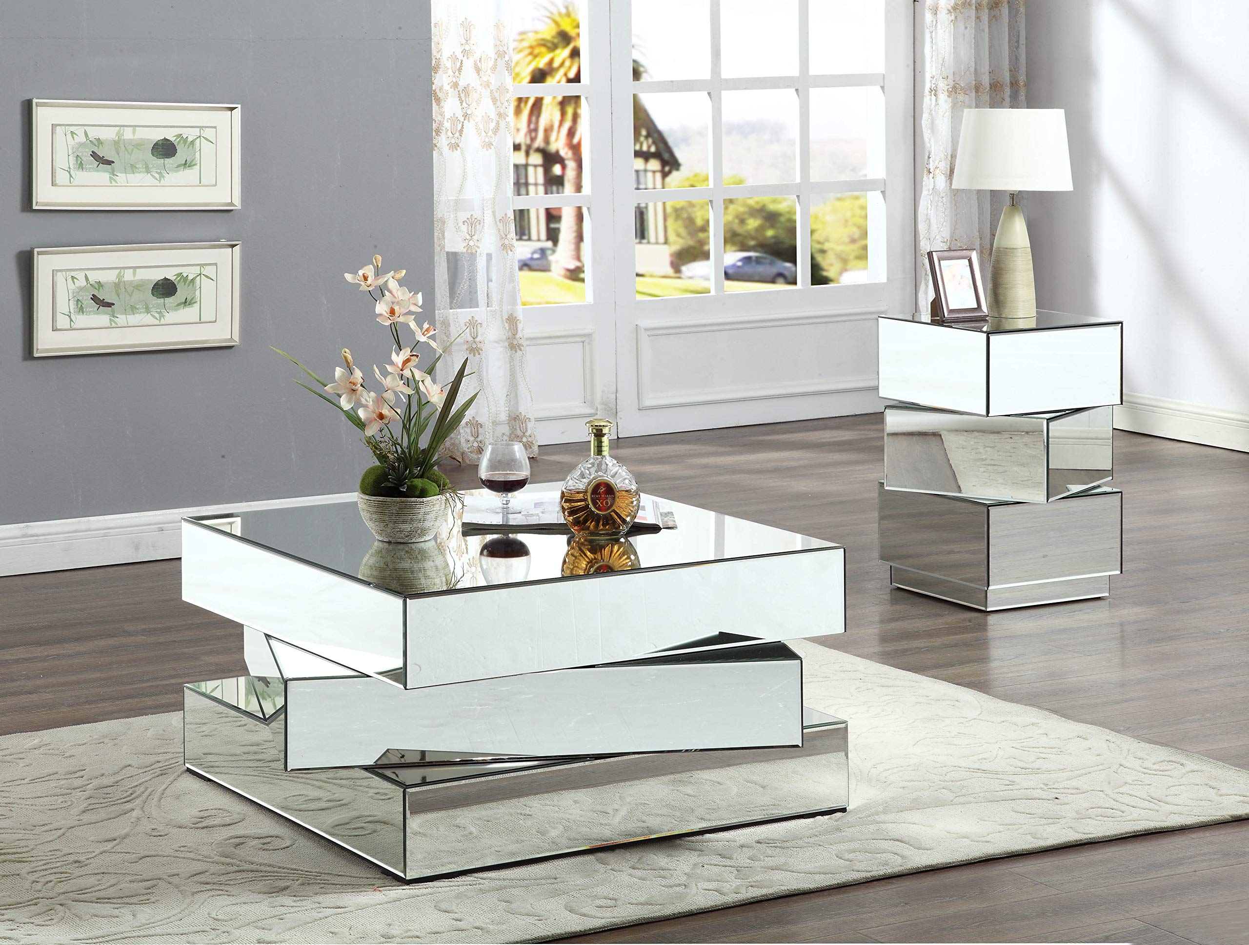 Meridian Furniture Haven Collection Modern | Contemporary Mirrored Coffee Table Featuring a Bold Geometric Design, 39.5" W x 39.5" D x 18.5" H