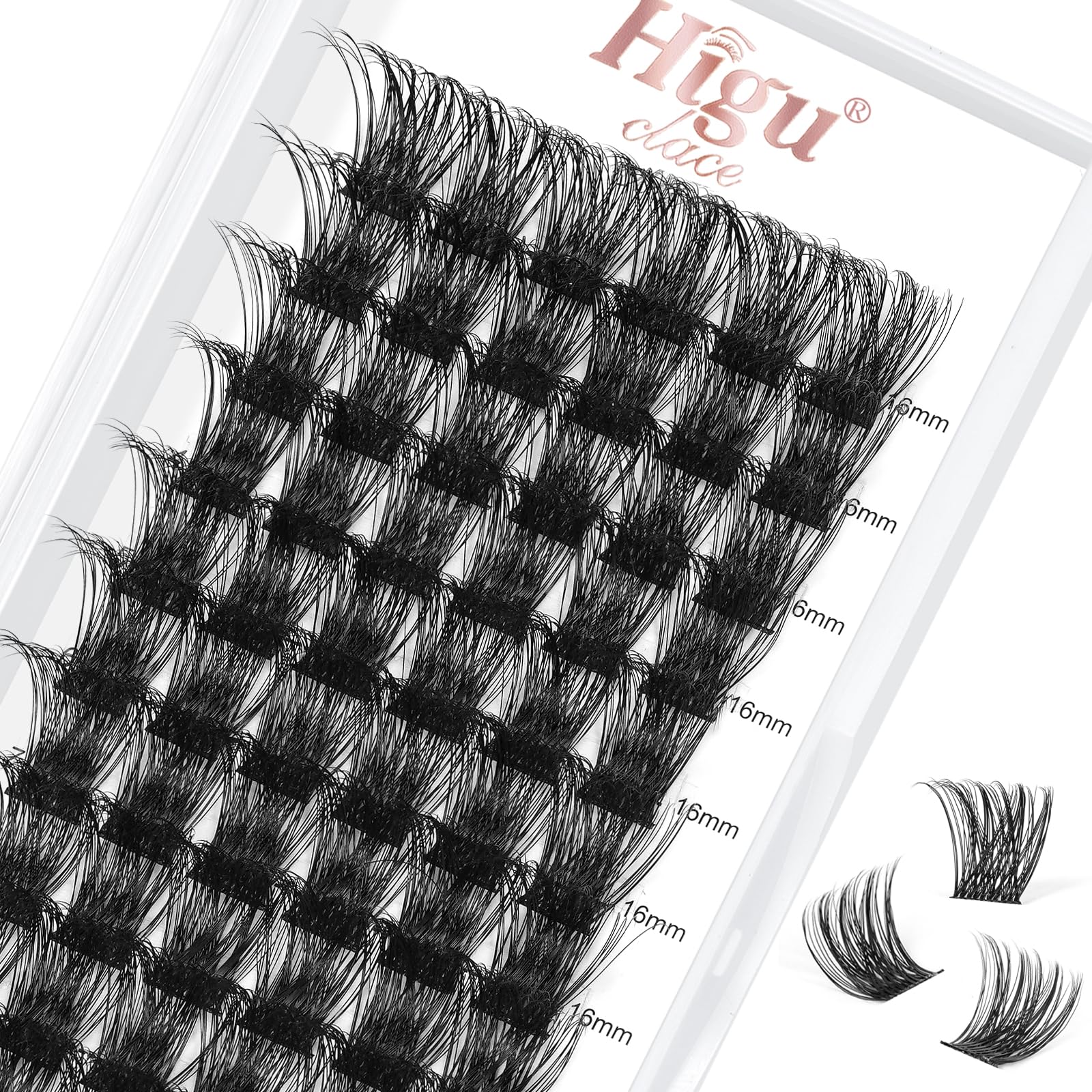 Higu clace Lash Clusters, 72pcs DIY Eyelash Extensions D Curl 16mm Lash Extensions Thin Stem Individual Lashes Cluster Lashes Wispy Reusable Bushy for Self-application (H-02 D Curl 16mm) — image 1