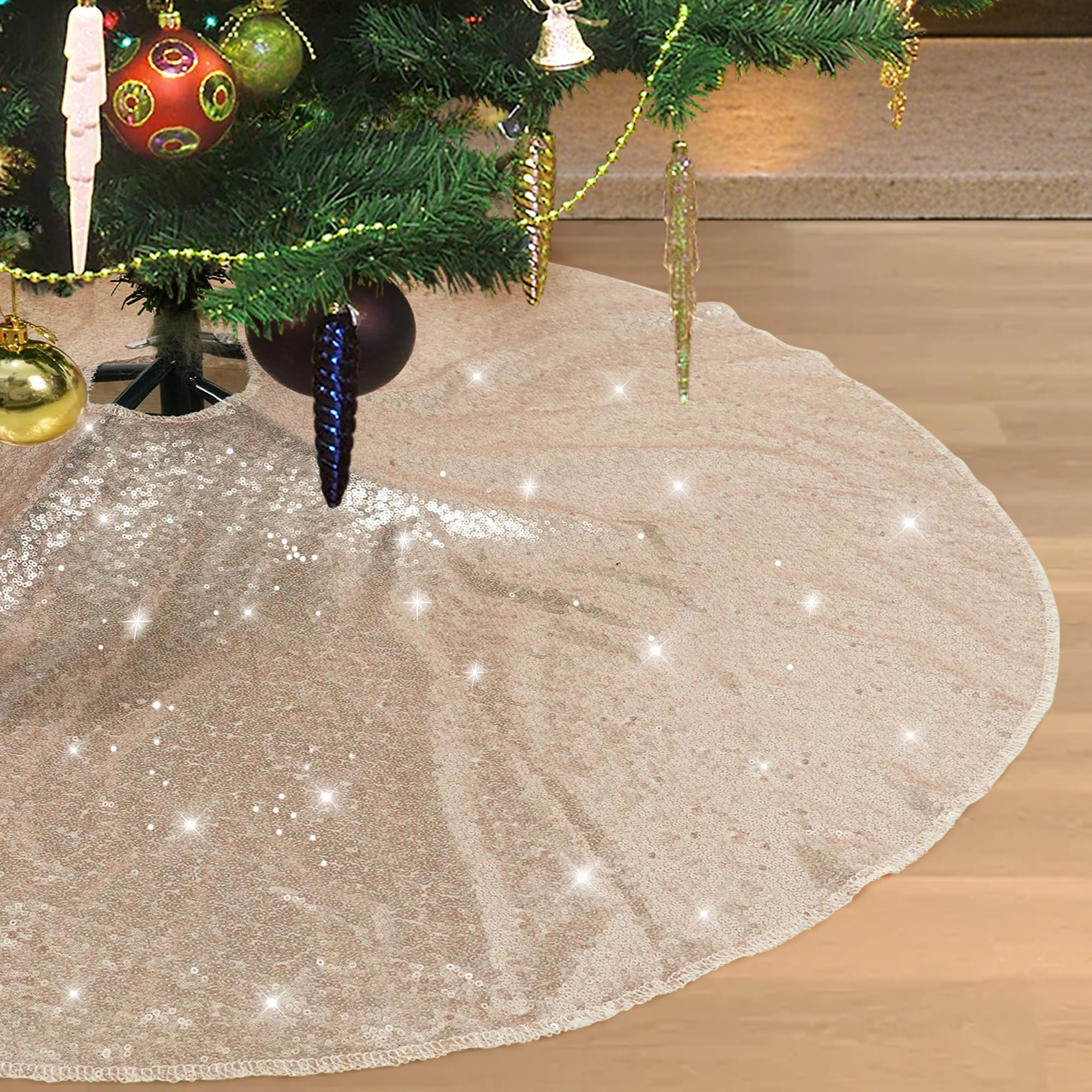 Christmas Tree Skirt 127 cm Round Christmas Champagne Sequin Tree Skirt Xmas Tree Ornament for Holiday Decoration(50 inches,Champagne)