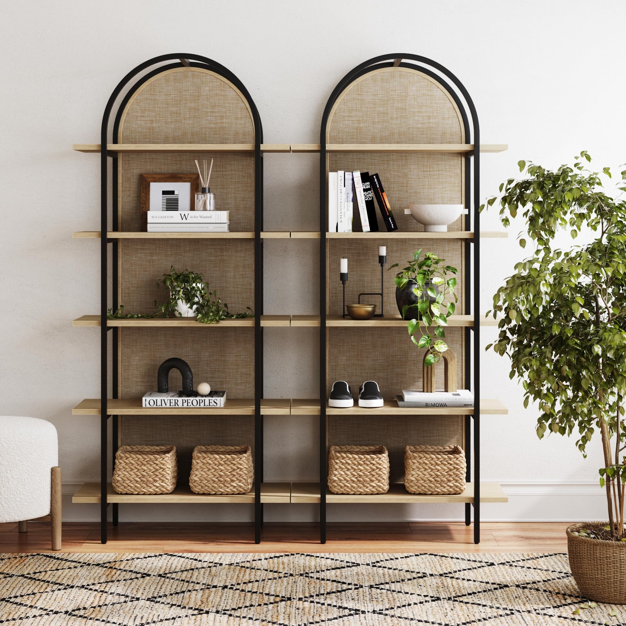 Nathan James Amara Bohemian 5-Shelf Etagere Bookcase, Rattan Open Bookshelf with Arch Top, Light Oak/Matte Black, Set of 2