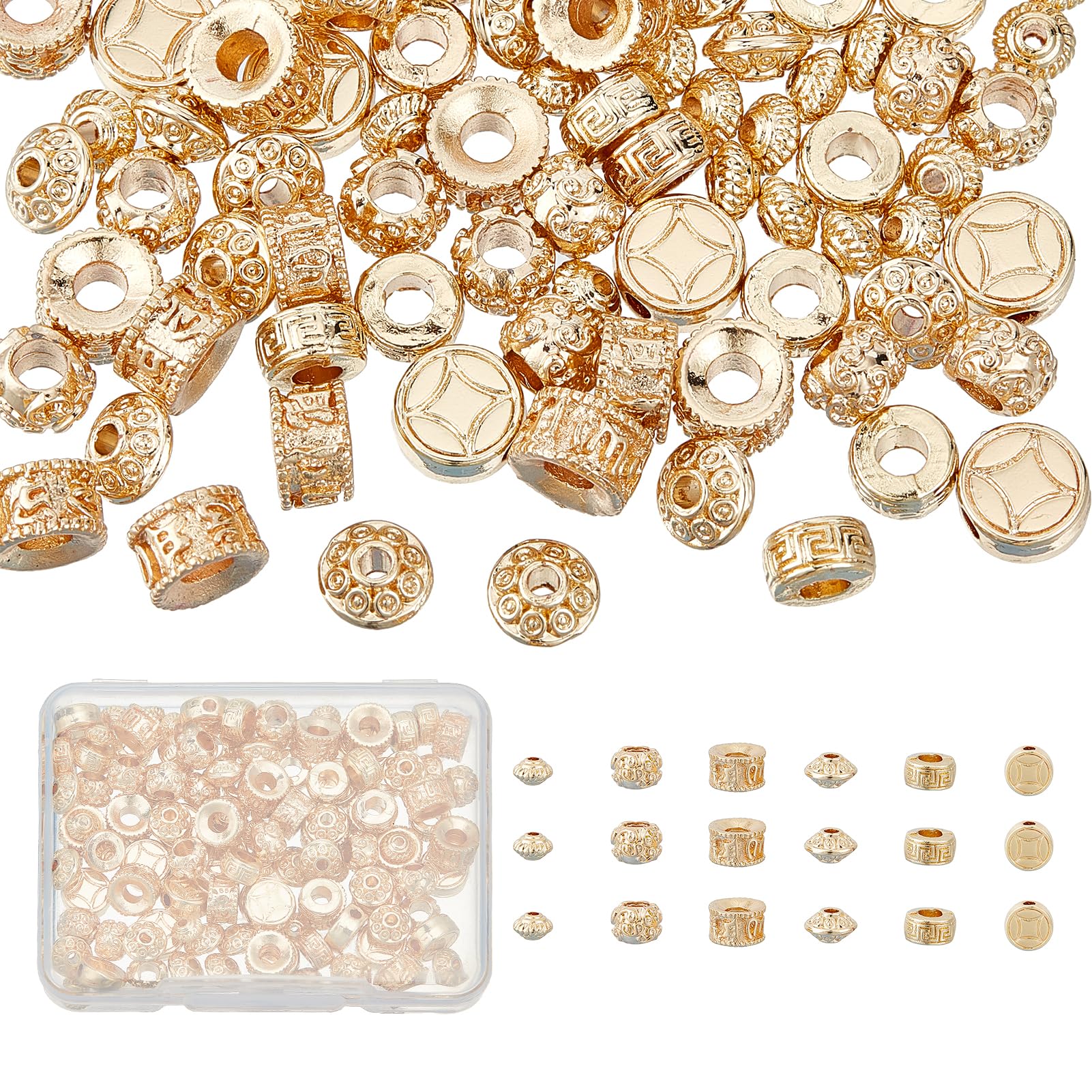 NICENEEDED 120 Pcs Golden Tibetan Spacer Beads, 14k Gold Plated Loose Beads, Alloy Cube Column Barrel Flower Spacers Beads Metal Charms for Bracelet Necklace Jewelry Making