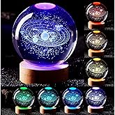 Conalisk 3D Solar System Crystal Ball Lamp,3.15 Inch K9 Crystal Ball Night Light with Wooden Base,16 Colors Changing with Remote Control,3D Planet Laser Engraving Holographic Light (Solar System)