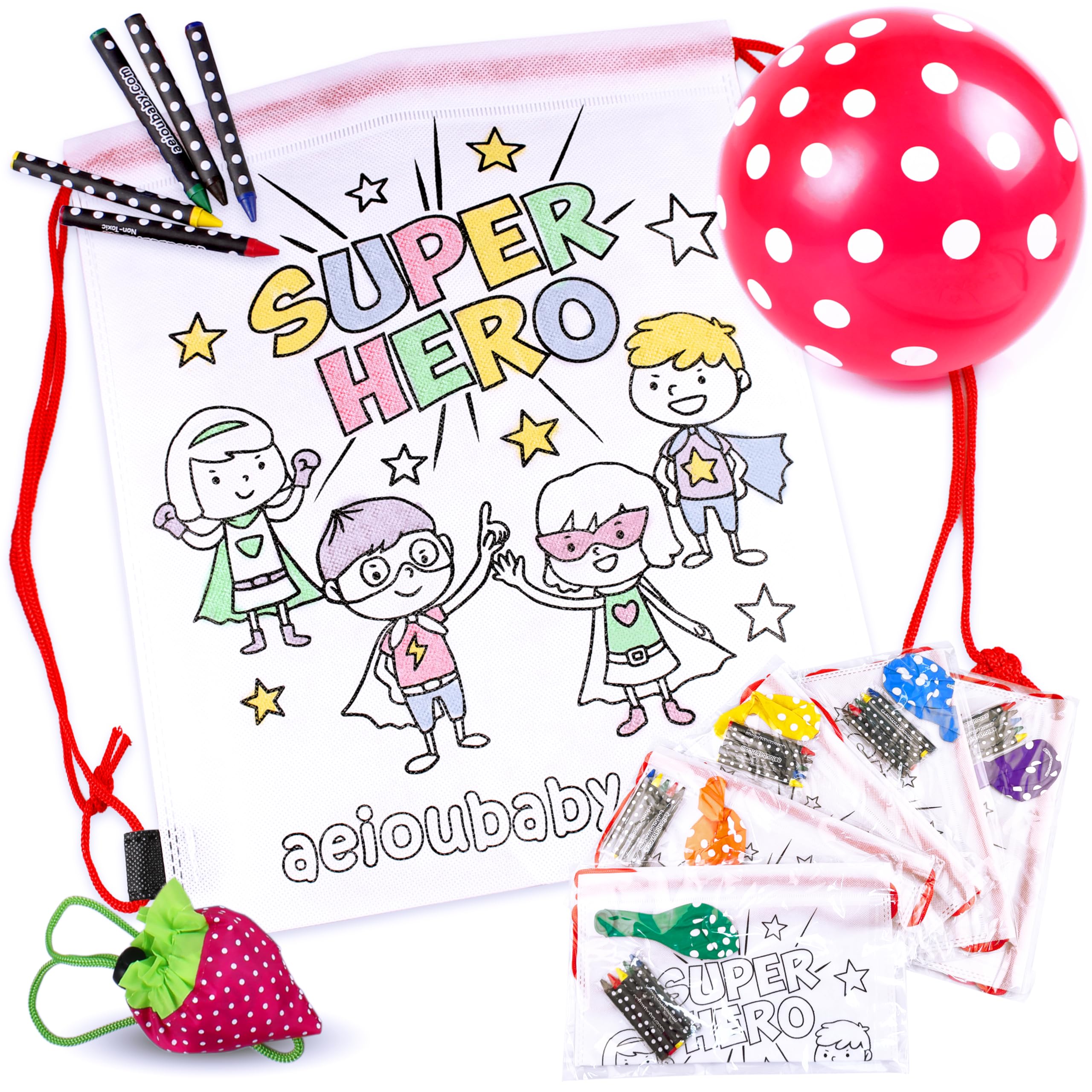 Photo 1 of aeioubaby.com 25 Backpacks Color Your Own + Reusable Bag | 25 Individual Bags, 5 Coloured Crayons and Balloon | Children's Gift for Parties and Birthdays (Heroes)