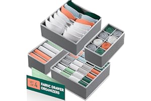 RUBOXA Dresser Organizer, [4 Pk] Grey Fabric Dresser Drawer Organizers (4 Sizes With 45 Slots) Foldable Underwear Drawer Organizer Breathable Bins for Bra, Lingerie, Socks, Scarves, Belt, Tie, Baby Clothes.