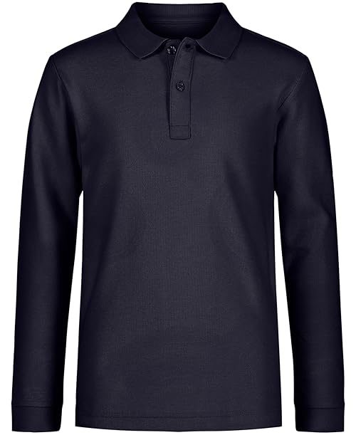 Nautica Boys School Uniform Long Sleeve Polo Shirt, Button Closure, Comfortable, Breathable Fabric, Navy, 18-20 Husky
