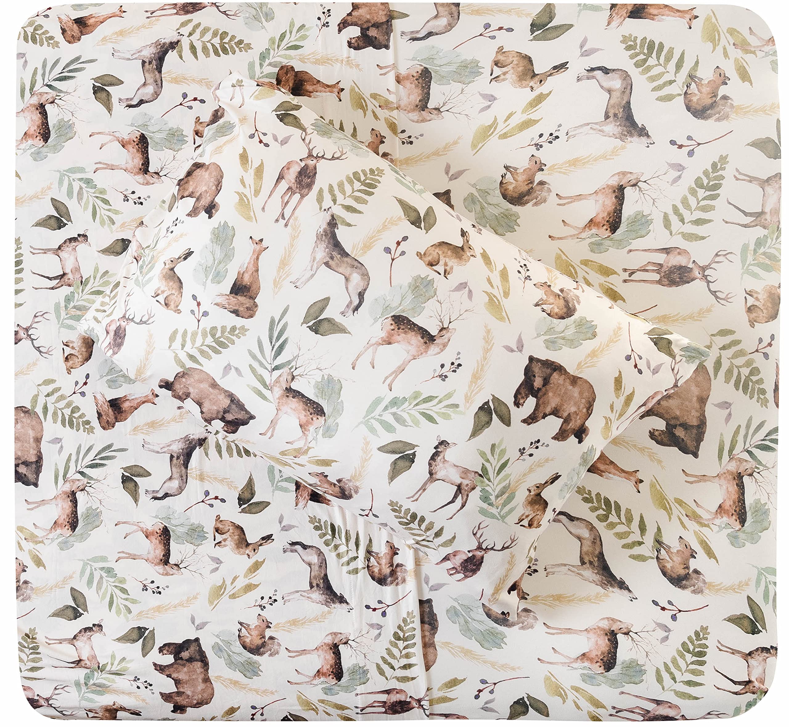 Photo 1 of Pobi Baby - Premium Twin Fitted Sheet, Flat Sheet with Pillow case - Ultra-Soft Cotton Blend, Stylish Woodland Pattern, Deep Pockets - Twins Sheets - 3 PC (Wildlife Animal)