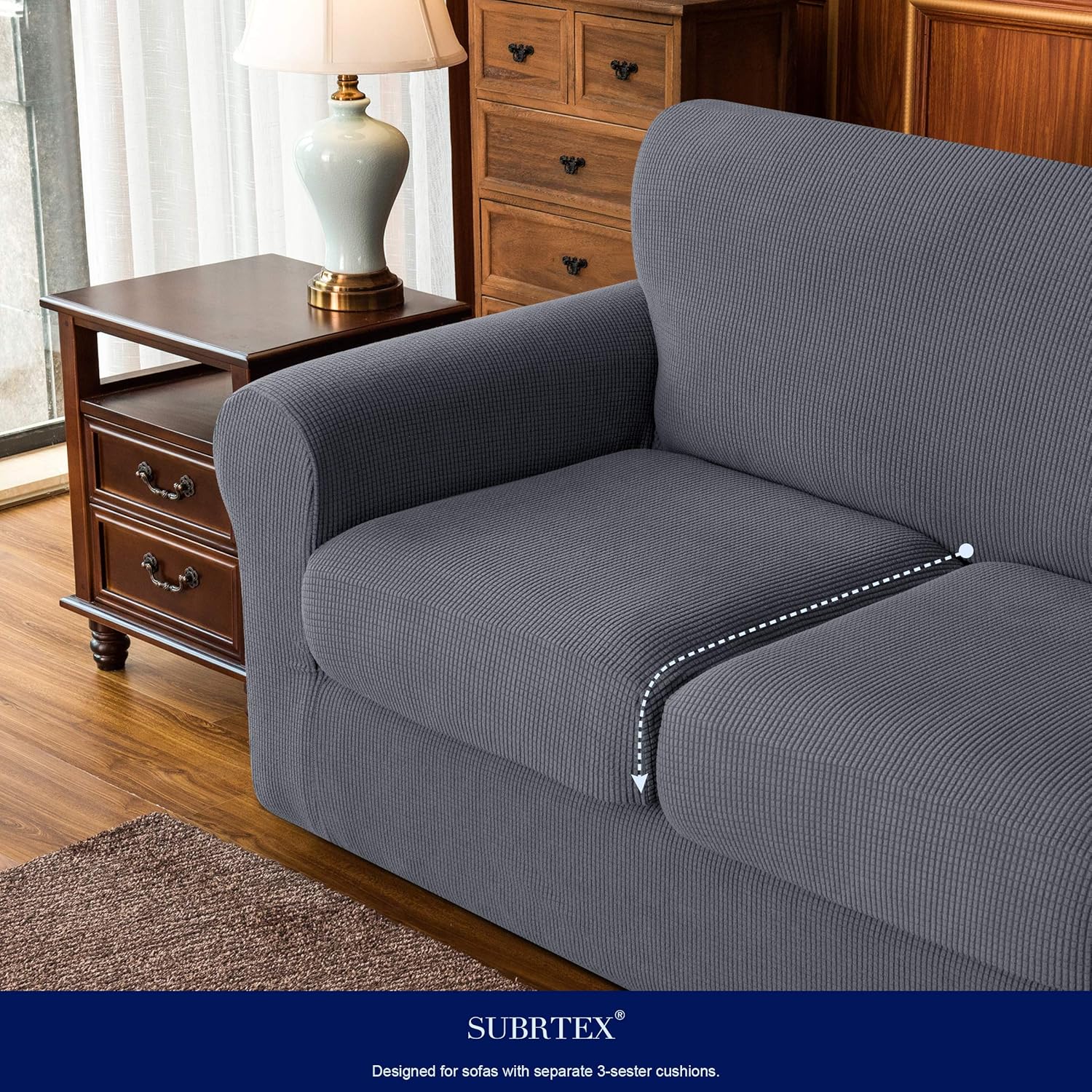 subrtex High Stretch Jacquard Slipcover with 3 Separate Cushion Common Couch Sofa Cover Coat for 3-Seater Conventional Settee Spandex Washable Furniture Protector (Large, Gray): Home & Kitchen
