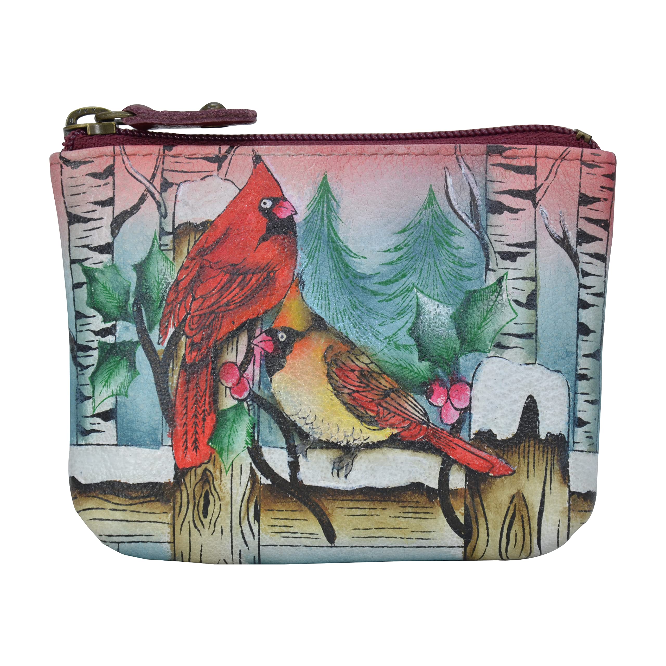 Anuschka Women’s Genuine Leather Coin Pouch - Hand Painted Exterior - Snowy Cardinal