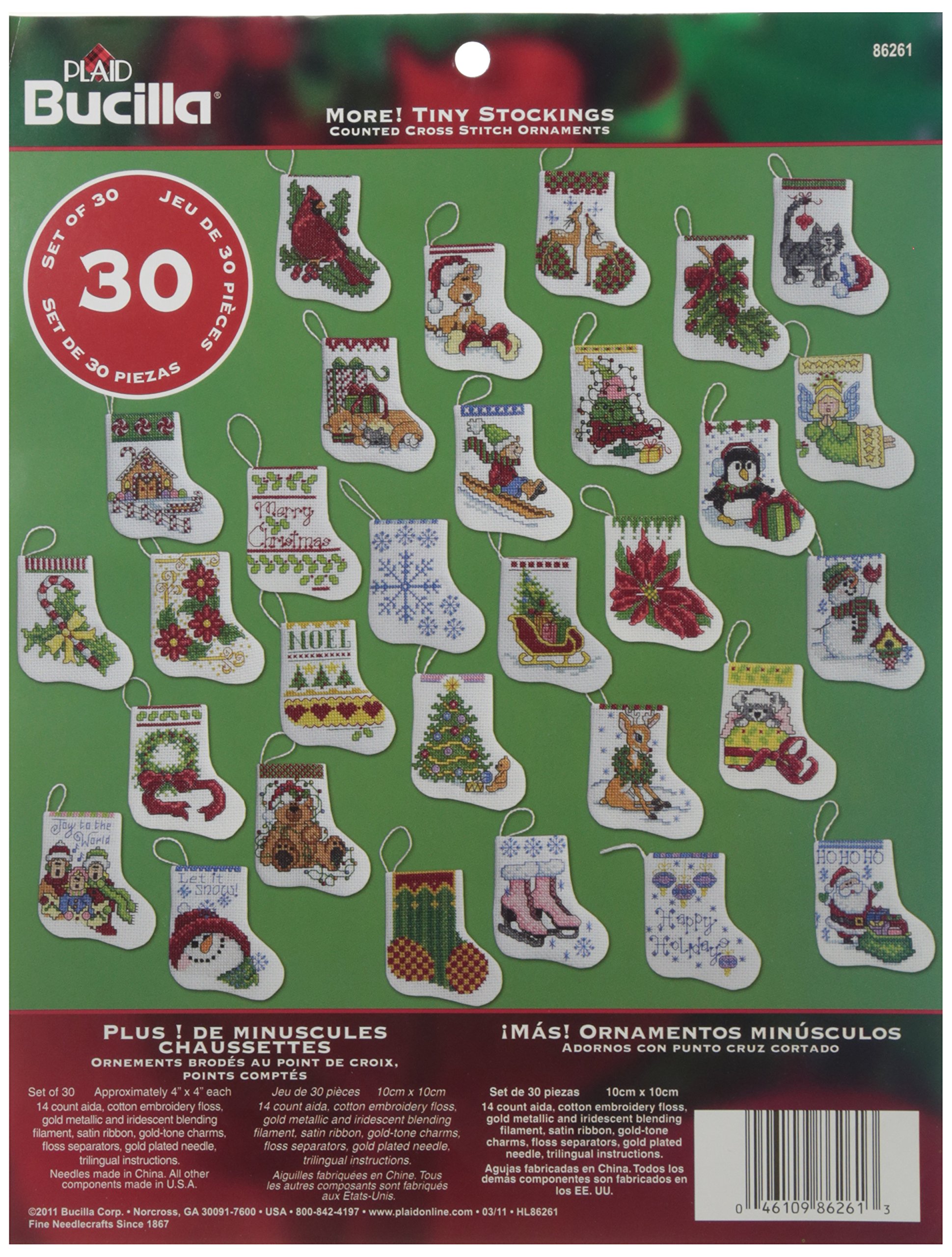 Bucilla More Tiny Stockings Ornaments Cross Stitch Kit, Cotton, 2.5"x3" 14 Count Set, one Size