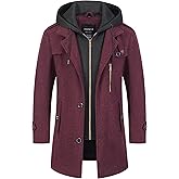 CREATMO US Men's Classic Pea Coat Wool Blend Trench Coat Windproof Business Overcoat With Detachable Hood