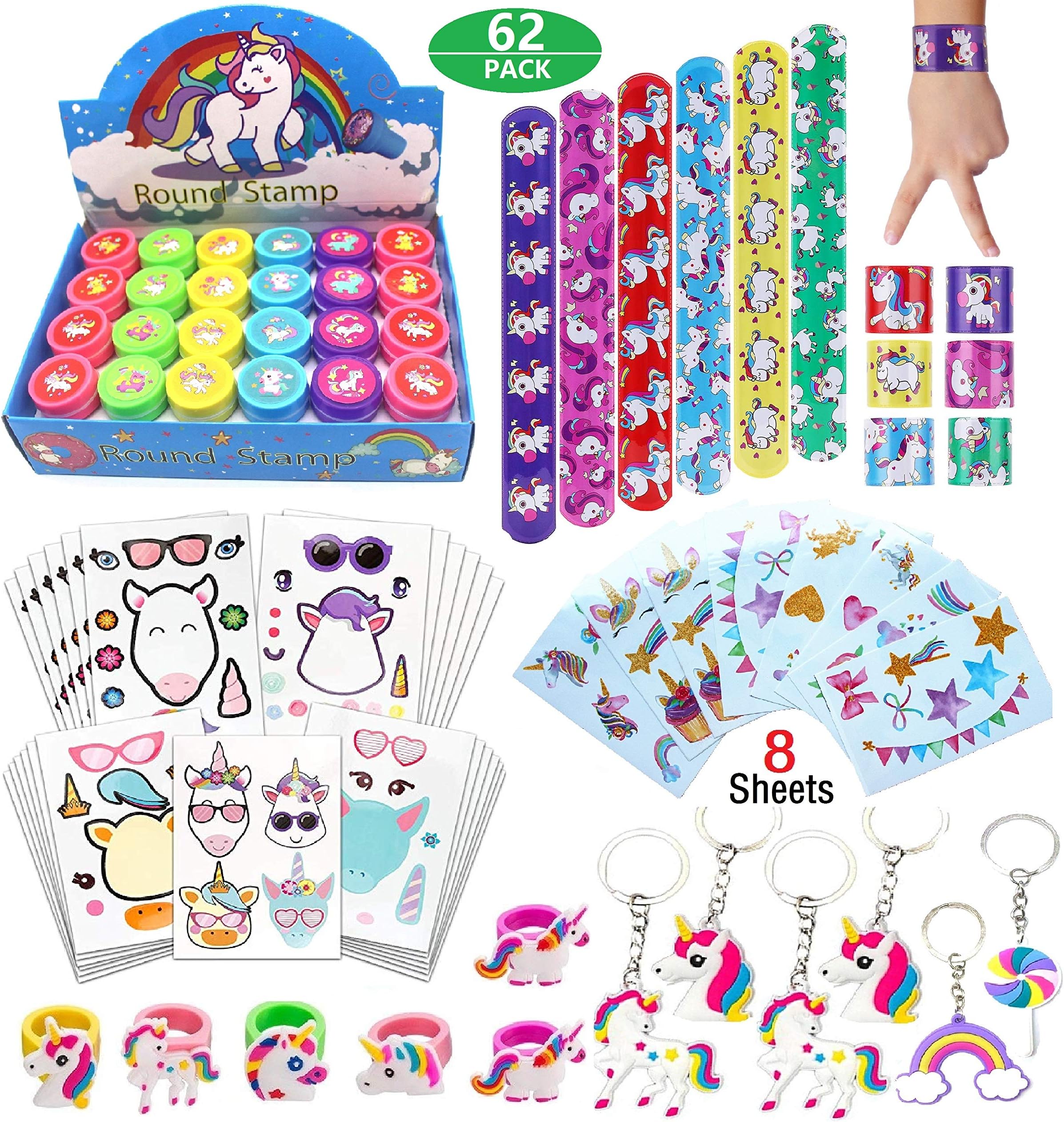 Unicorn Theme Birthday Party Favors for Kids Boys Girls-Make A Unicorn Sticker-Tatoo-Stamper- Rings Keychain-Unicorn Birthday Gift Prizes Goodie Bags Pinata Filler Supplies