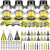 100PCS New Year's Party Supplies for 50 People - Headbands, Plastic Cardboard, 2026 Shiny Cone Hats, Horns, Fringed Blowouts - Gold, Silver, Black