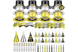 TRAPLACE 100PCS New Year's Party Supplies for 50 People - Headbands, Plastic Cardboard, 2026 Shiny Cone Hats, Horns, Fringed Blowouts - Gold, Silver, Black