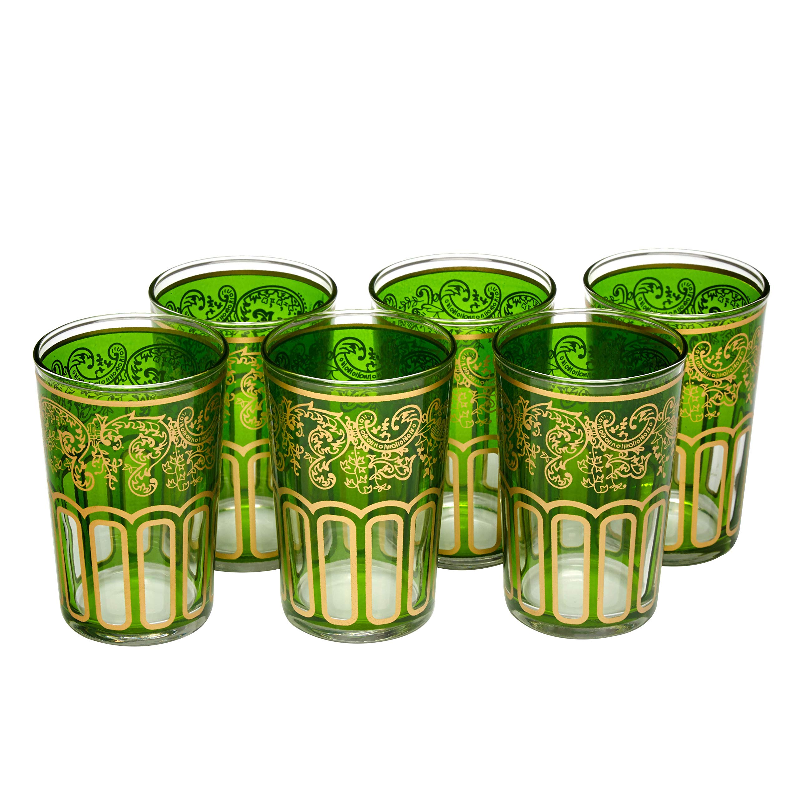 Moroccan Tea Glasses with a Beautiful Classical Moroccan Design Painted and Decorated by Hand Pack of 6 (Green)