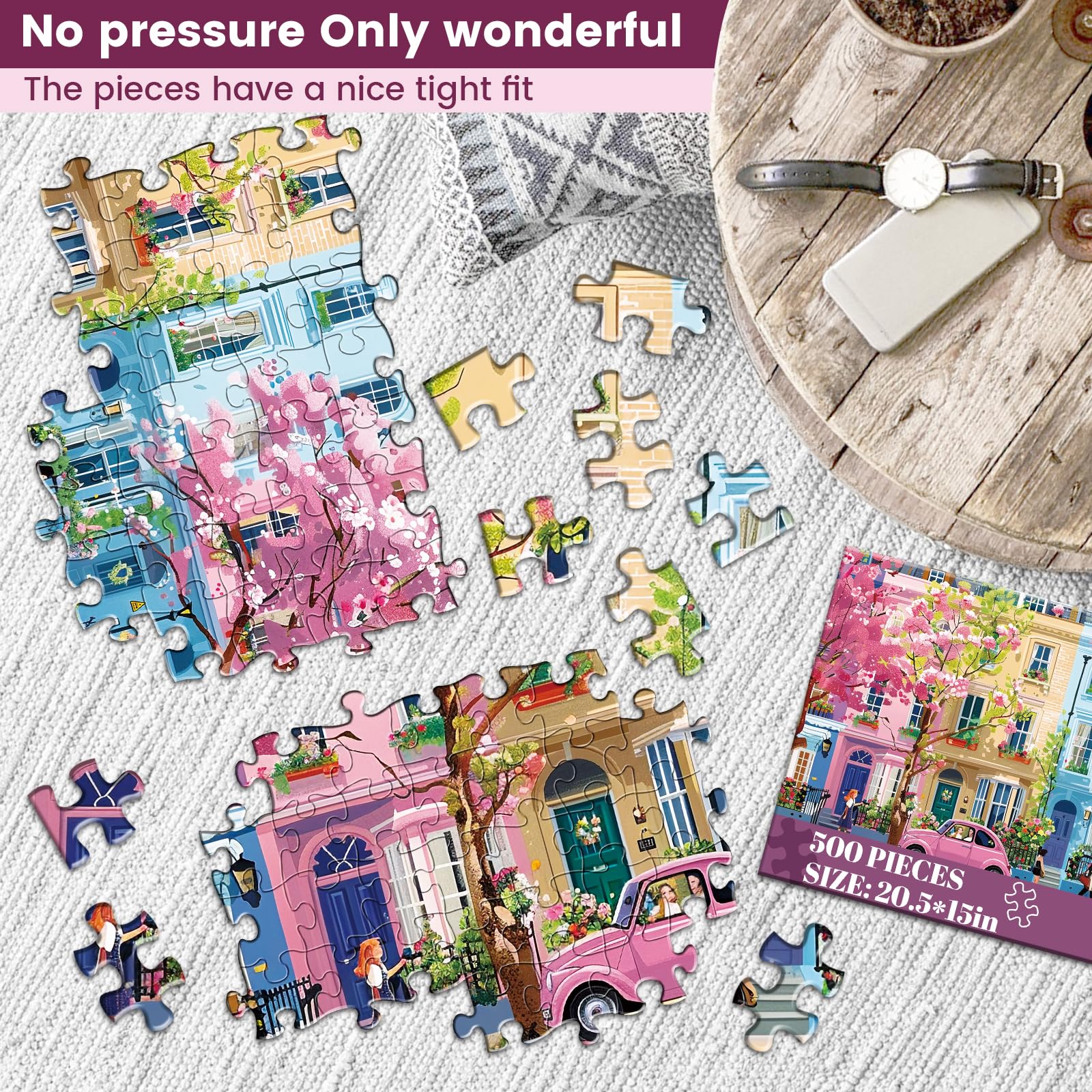 500 Pieces Jigsaw Puzzles for Adults, Beautiful Spring Street Puzzle for Adults Children Elderly, Recycled Paper Puzzle 500 Pieces, Glossy, Sturdy Pieces Challenging Family Game (20.5x15in)