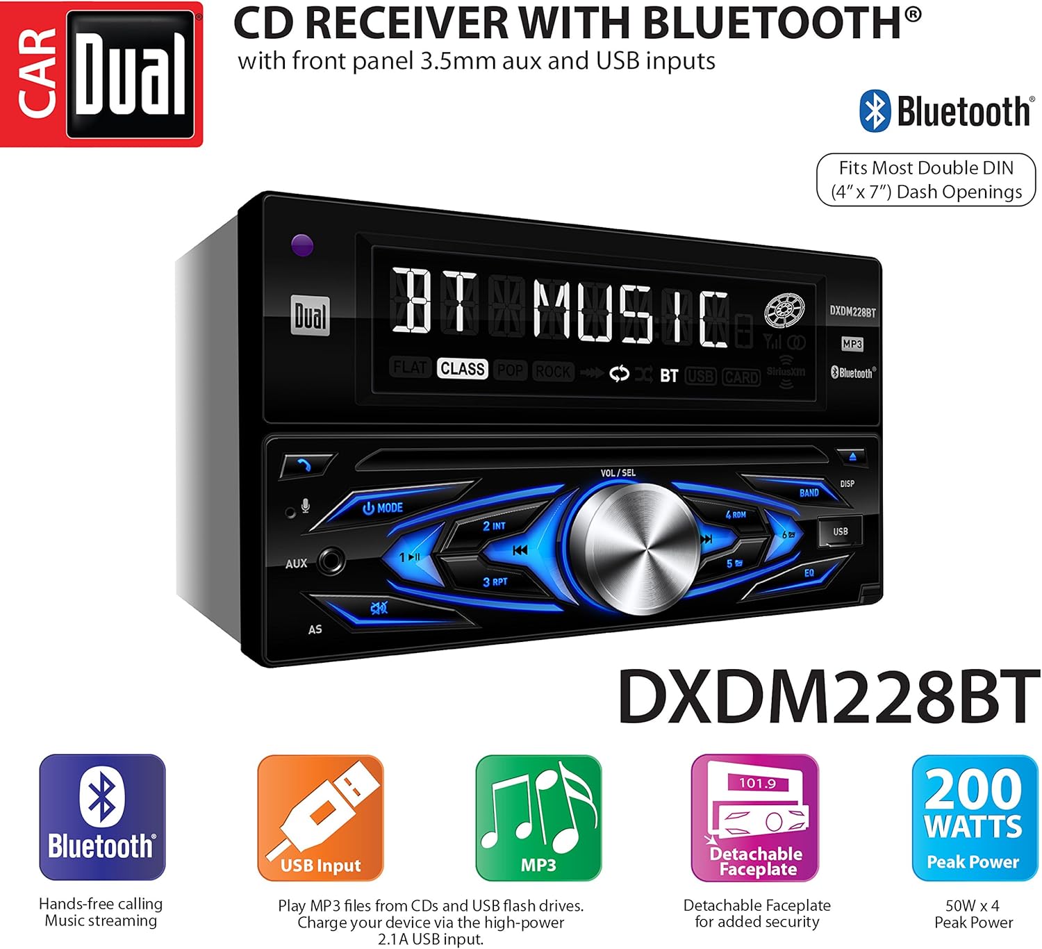 Dual Electronics DXDM228BT Multimedia Detachable 8 Character LCD Double DIN Car Stereo with Built- in Bluetooth, CD, MP3 & USB Players