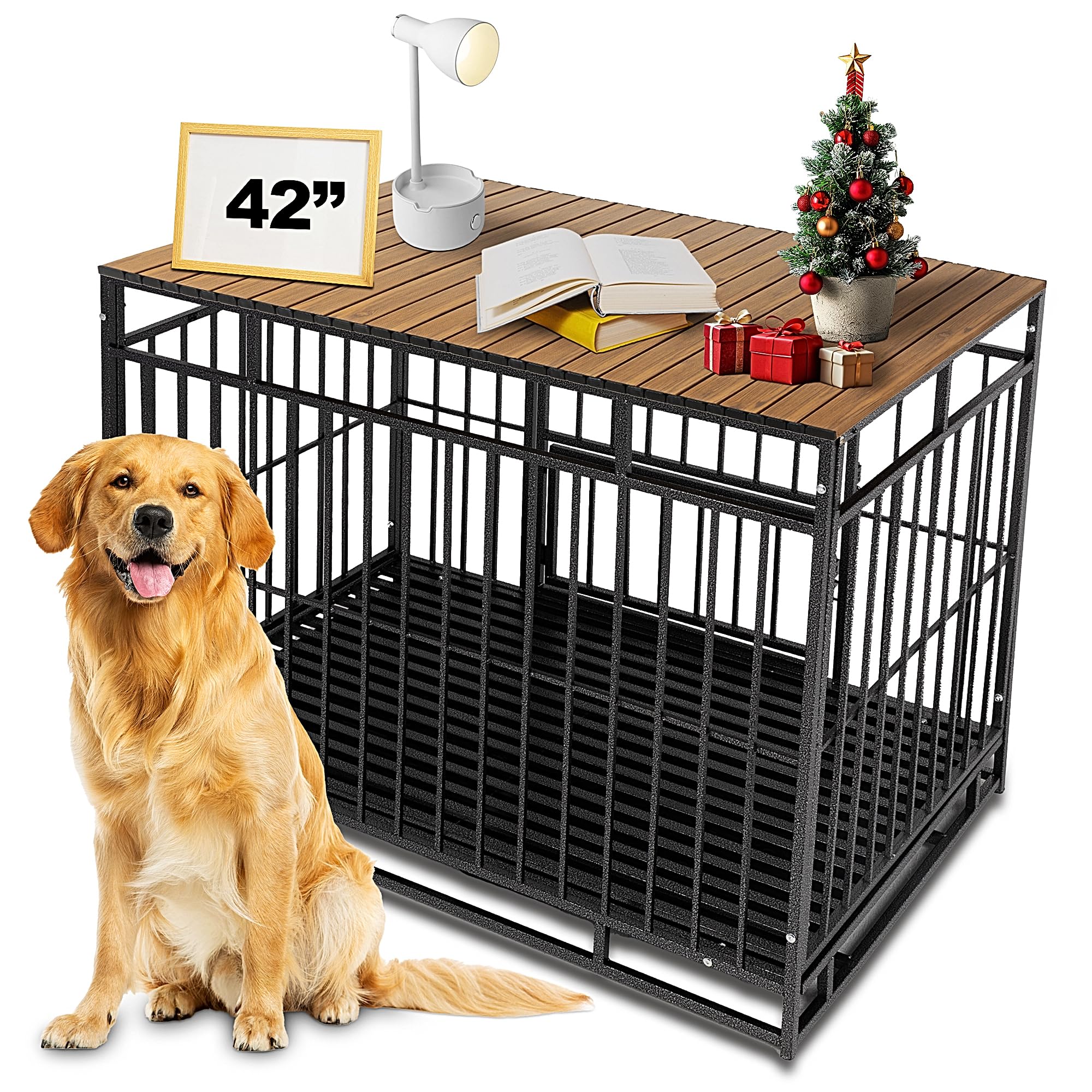 Photo 1 of Petmystify Dog Crate Topper with Magnets for 42 Inch Crate - Aluminum Foldable Dog Kennel Topper Decorative Storage Pet Crate Table Walnut (Only Topper)