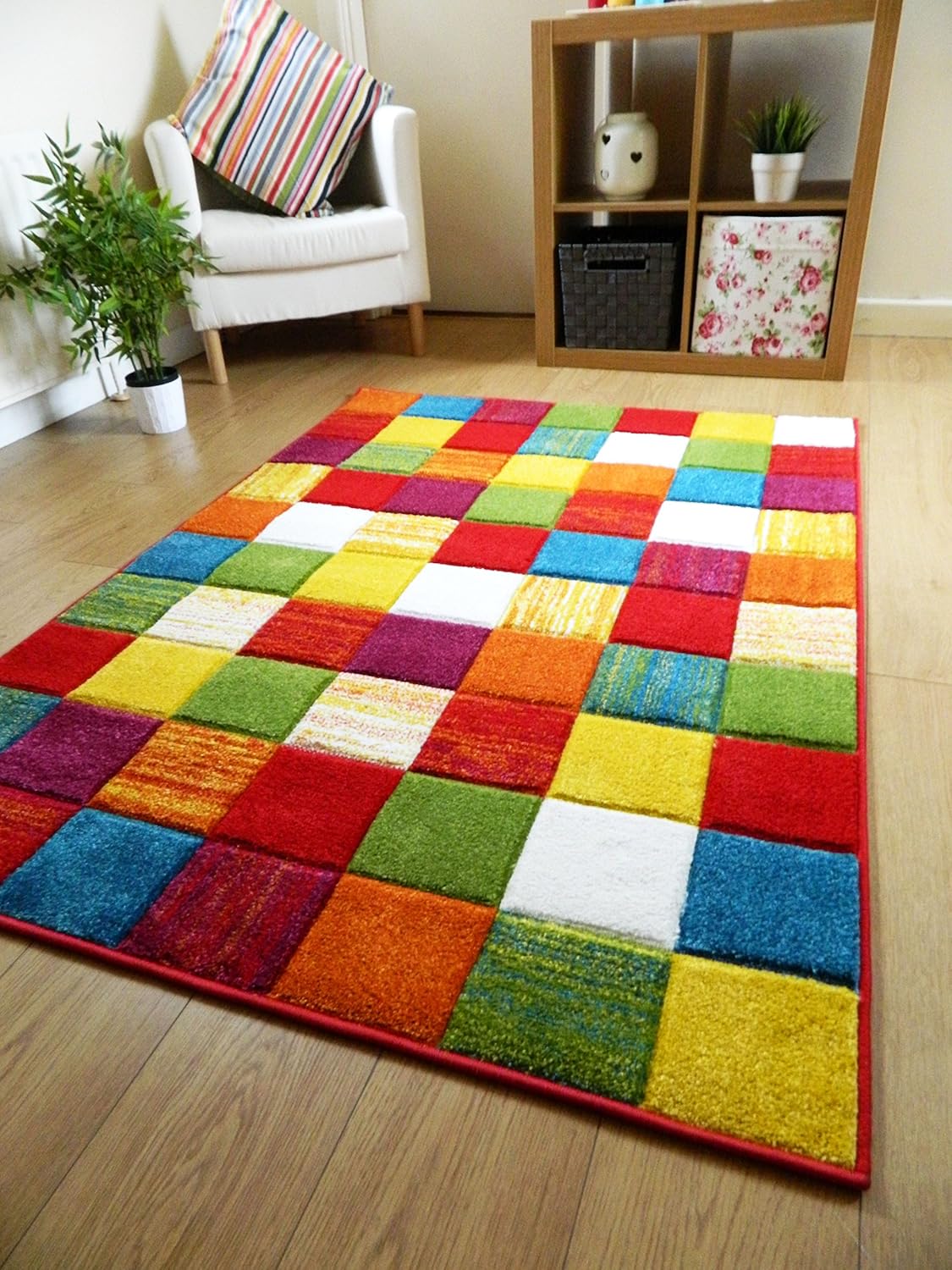 Rugs Superstore New Modern Designer Rug Thick Colourful Blue Red Green Yellow White Multicolour