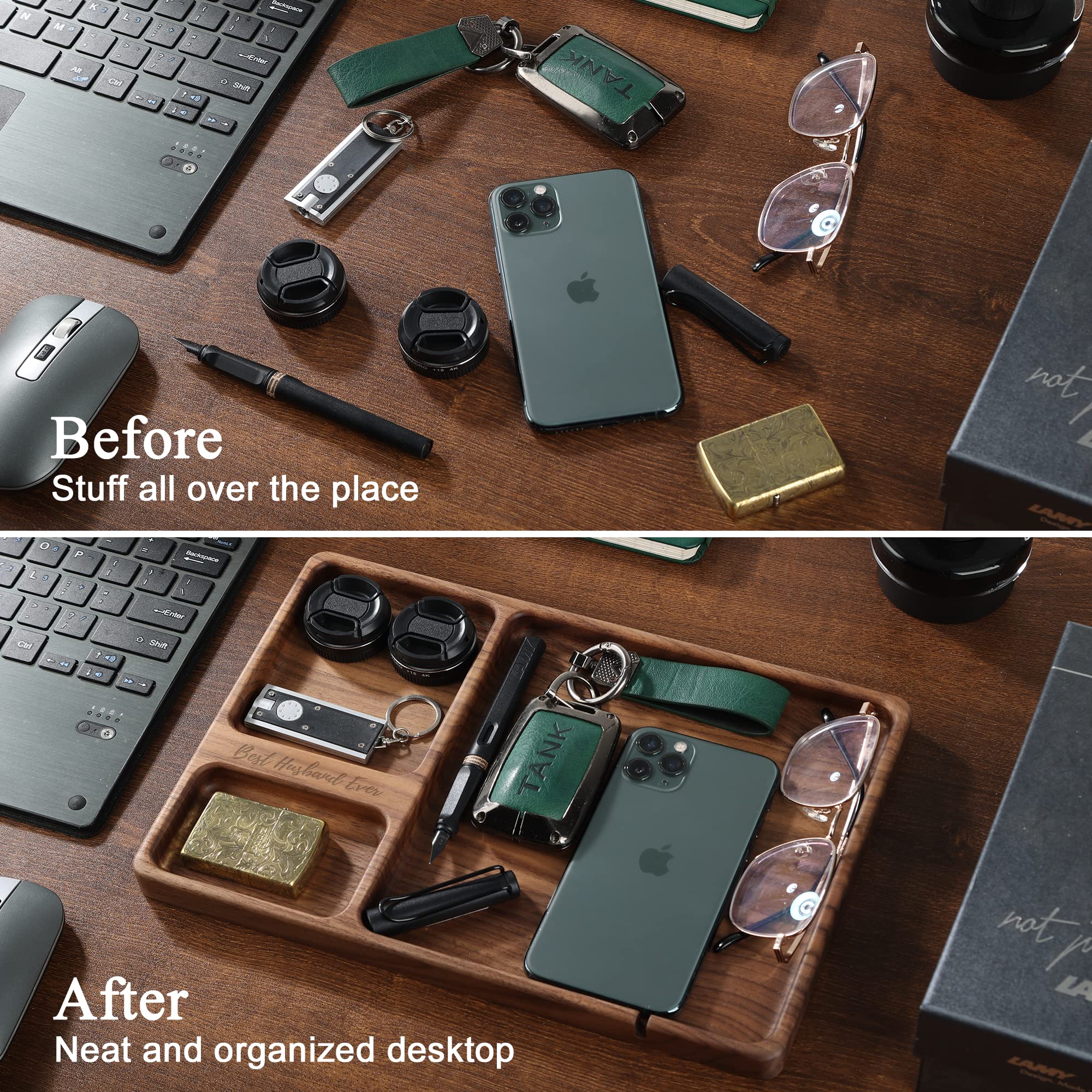Walnut Wooden Valet Tray – Bedside Table Organizer for Men Dad, EDC Catch All Tray with Cable Slot (11.4 x 7.9 x 0.8 Inch)