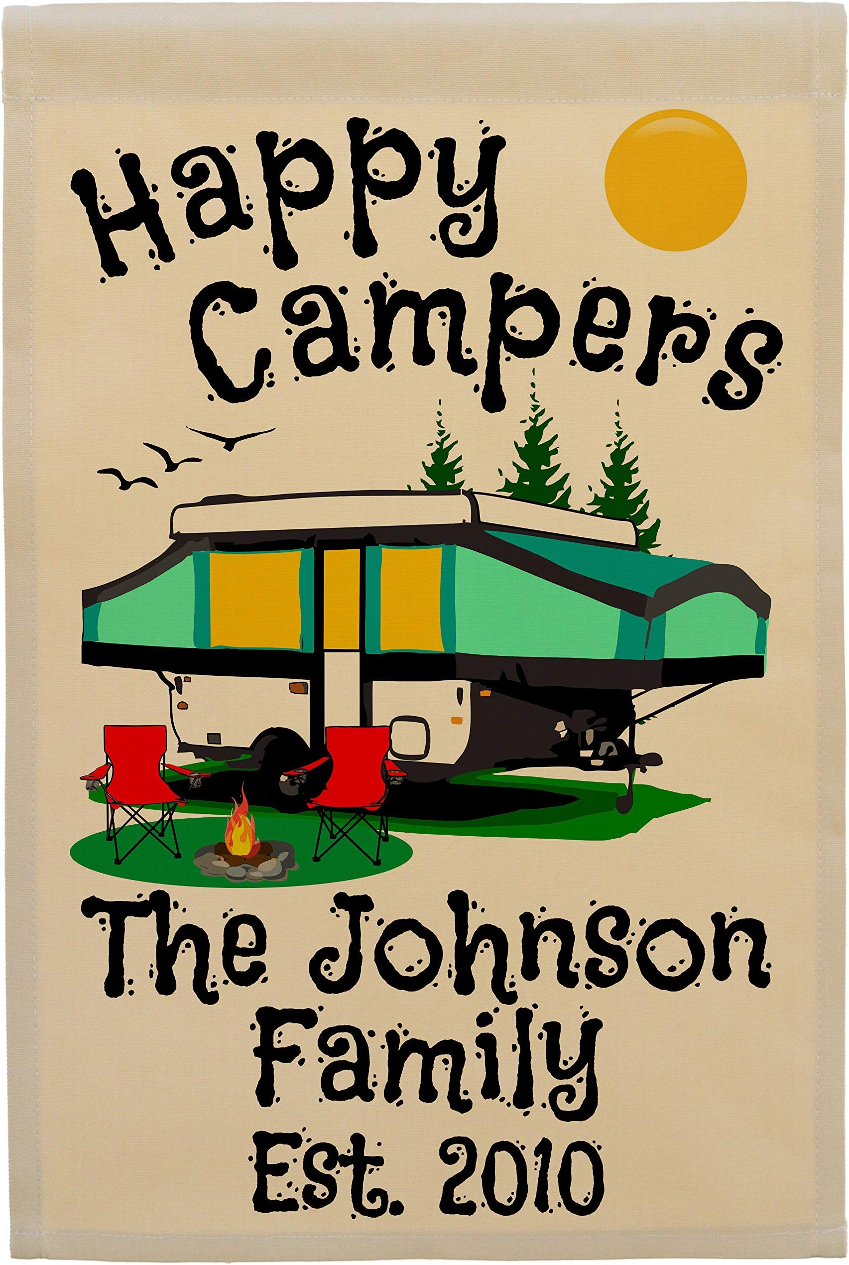 Personalized Camping Flag, Features a Green Pop-Up Tent Trailer with 3 Additional Lines of Your Custom Text, Printed on Tan Fabric