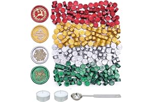 SWANGSA 360 Pieces Gold Red Green Silver Sealing Wax Beads Kit with 2 Pieces Tea Candles and 1 Piece Wax Melting Spoon for Wax Seal Stamp (Christmas Seal Wax)