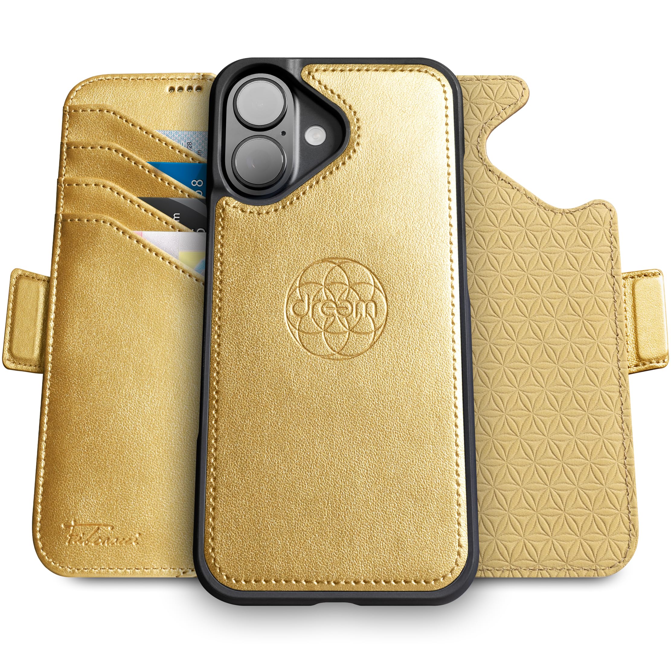 dreem Wallet Case for iPhone 16 Plus, Revolutionary Vert/Hor Phone Stand, Magnetic Detachable Vegan Leather Flip Cover RFID Blocking Card Holder, MagSafe-Fit, Gift Box [Fibonacci: Gold]