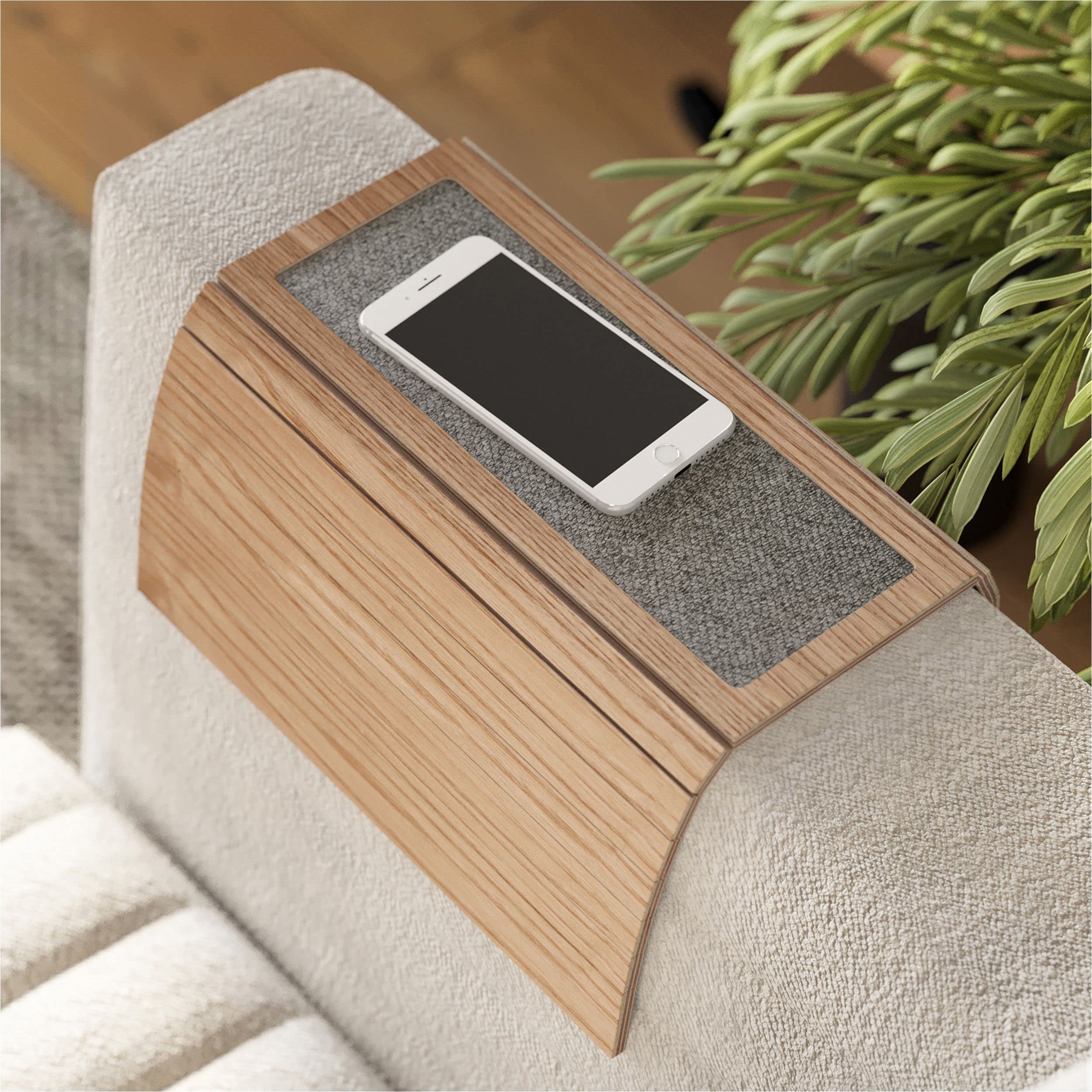 EWART WOODS Sofa arm tray table couch bedside wood coaster coffee cup foldable protector mat tv chair armrest caddy end tables trays with fabric (Color 2.Natural)
