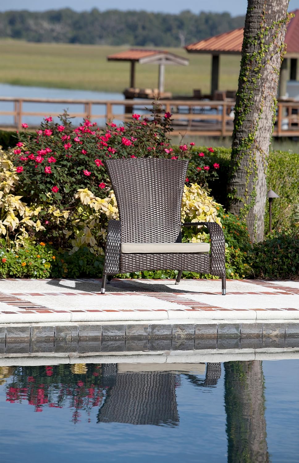Patio Sense Coconino Wicker Lounge Chair, Mocha All Weather Wicker, Beige Cushion, Adirondack Style Armchair: Home & Kitchen